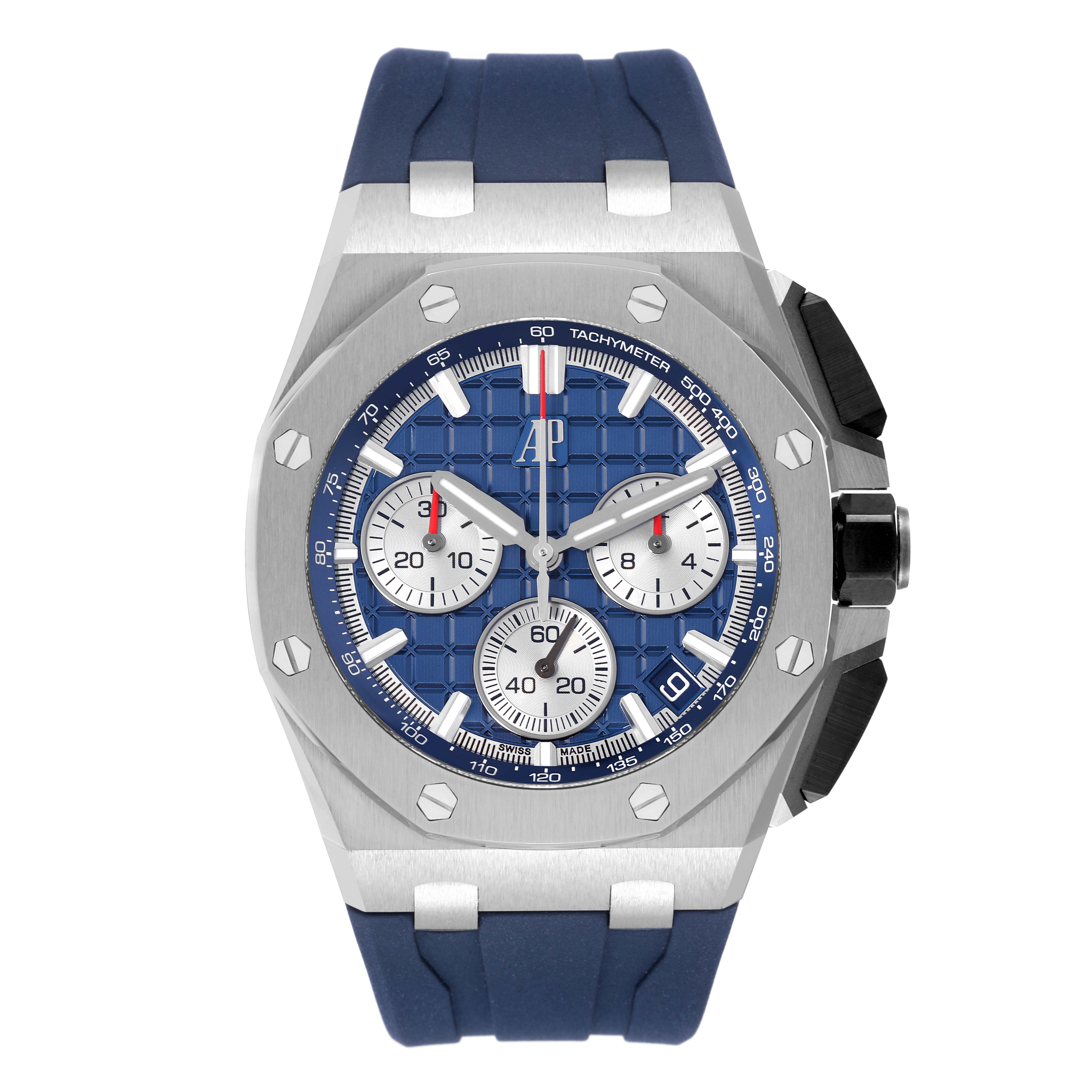 This image shows a front view of the Audemars Piguet Royal Oak Offshore 26420TI.OO.A027CA.01 Men's Titanium Blue Dial 26420TI.OO.A027CA.01 Men's Titanium Blue Dial watch with a blue strap and dial, displaying the face and bezel.