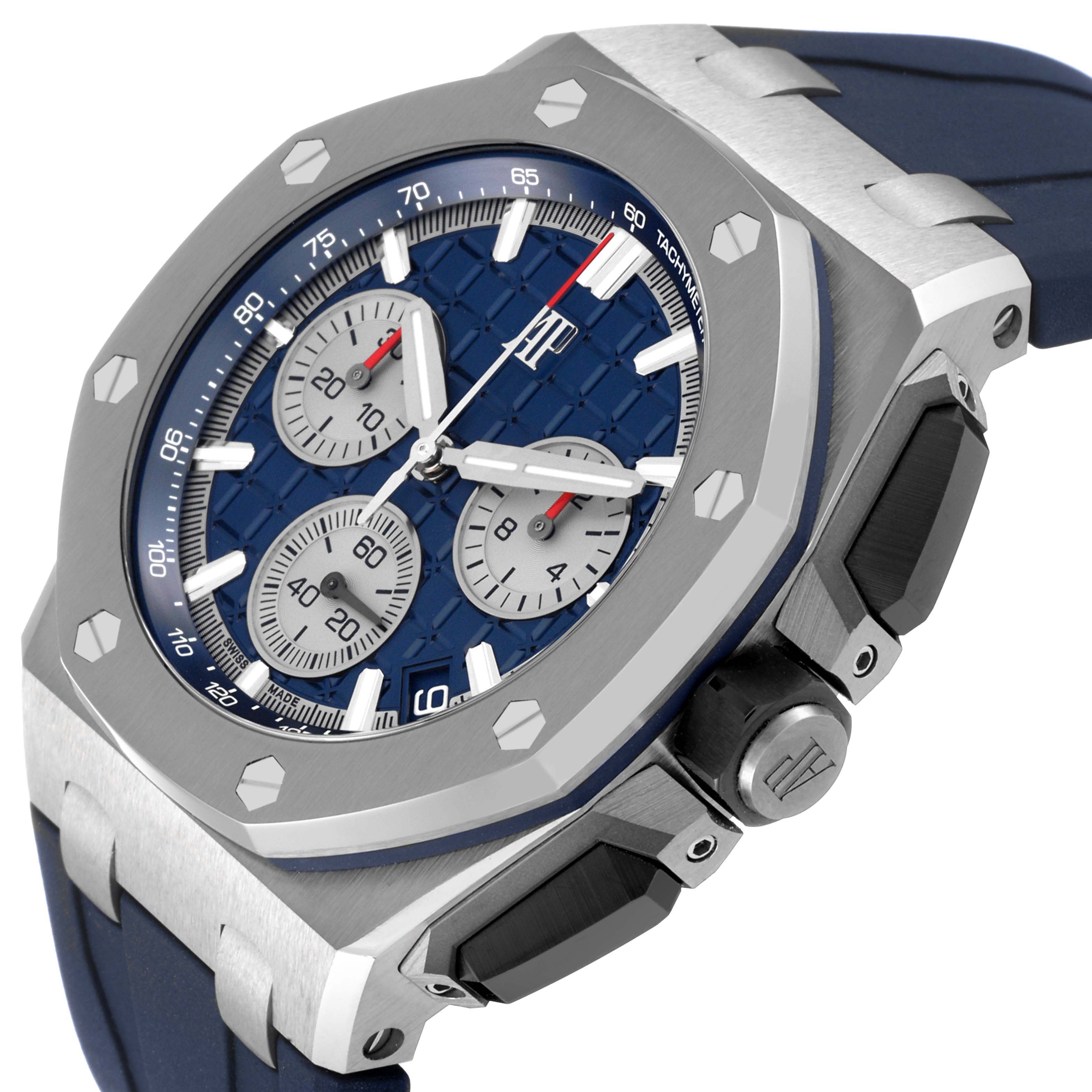 This is an angled close-up view of the Audemars Piguet Royal Oak Offshore 26420TI.OO.A027CA.01 Men's Titanium Blue Dial 26420TI.OO.A027CA.01 Men's Titanium Blue Dial, showing the dial, bezel, chronograph subdials, and crown.