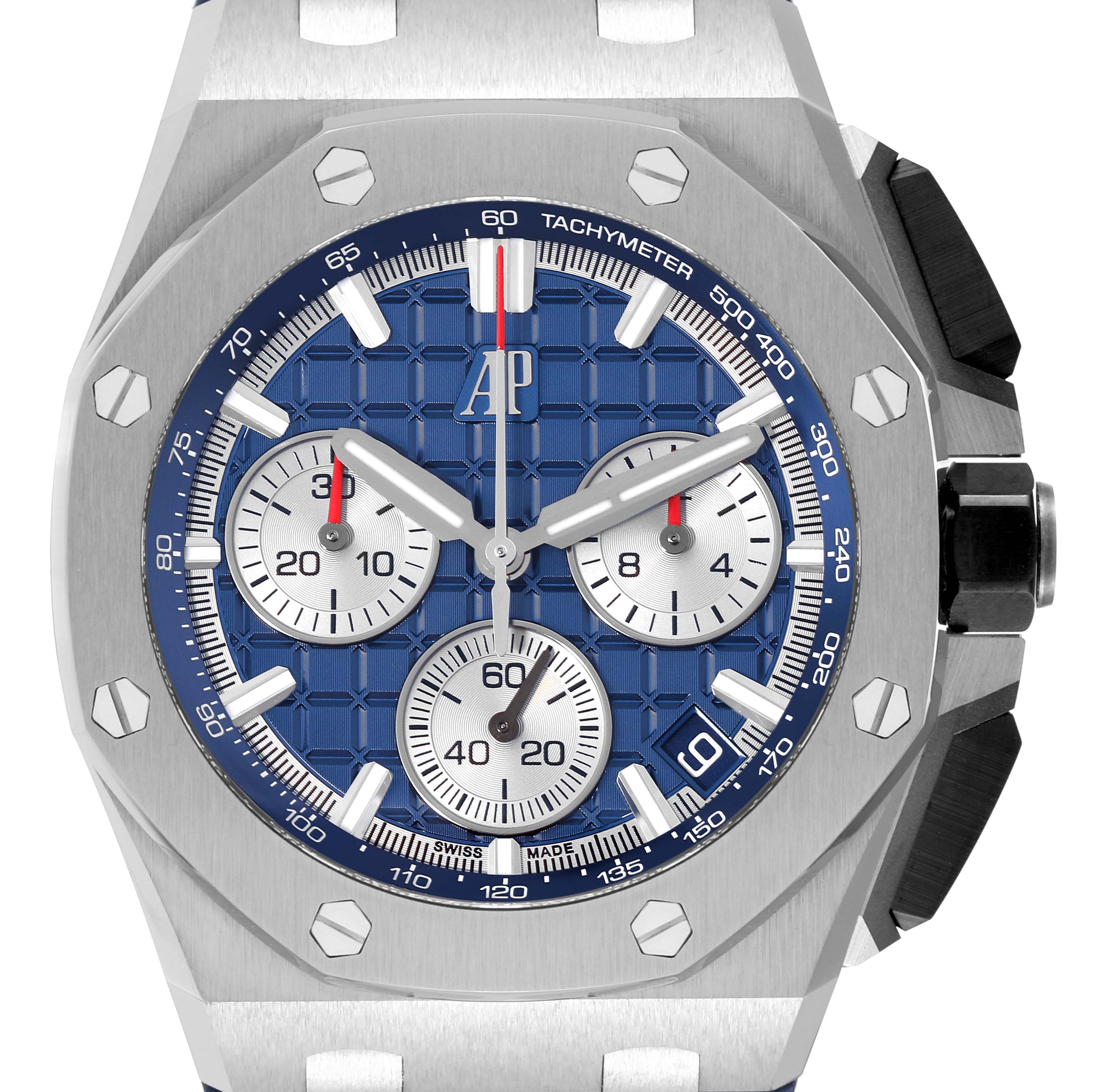 The image shows a front view of a Royal Oak Offshore model by Audemars Piguet, featuring its blue dial, subdials, and bezel.