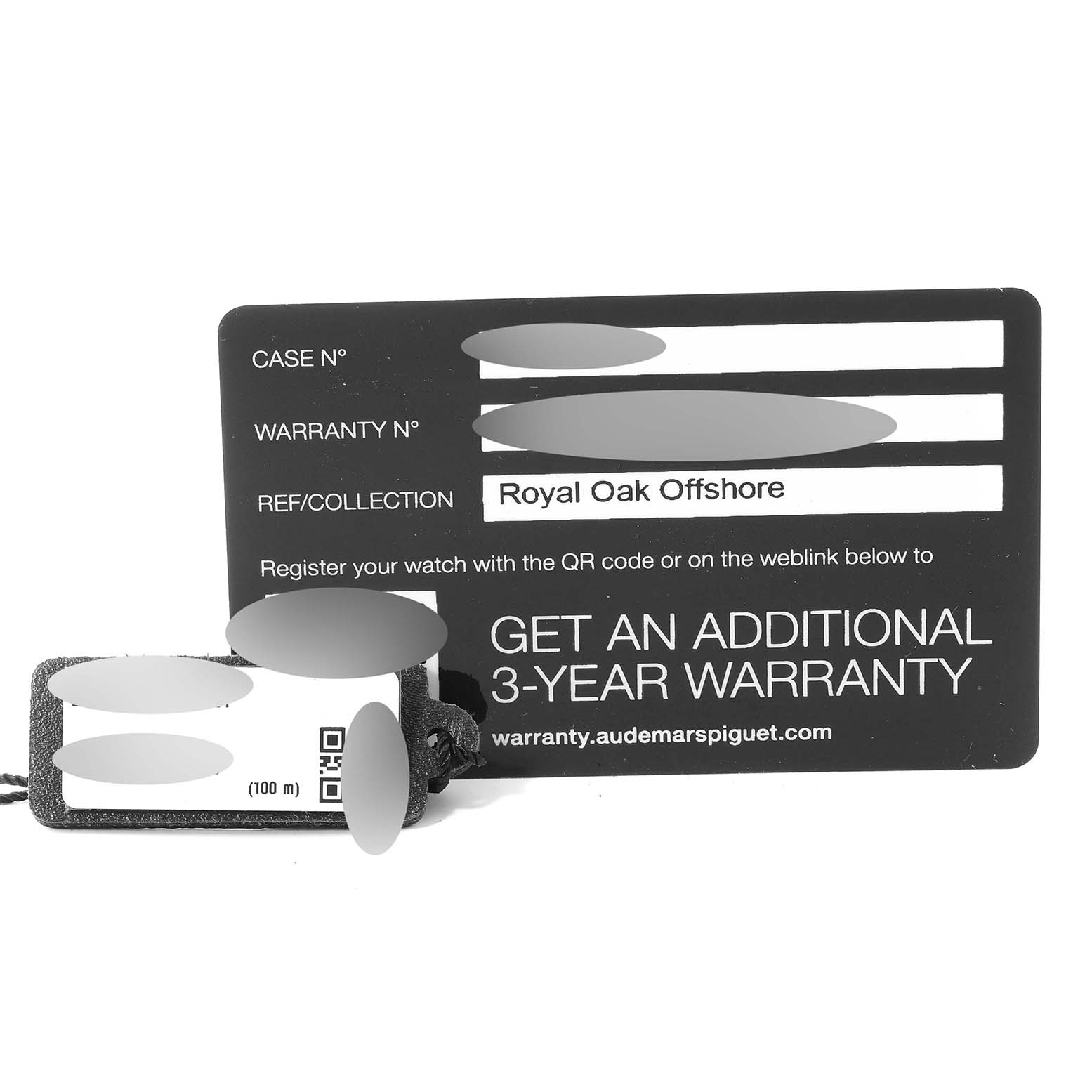 The image shows warranty and tag cards for a Royal Oak Offshore model by Audemars Piguet.
