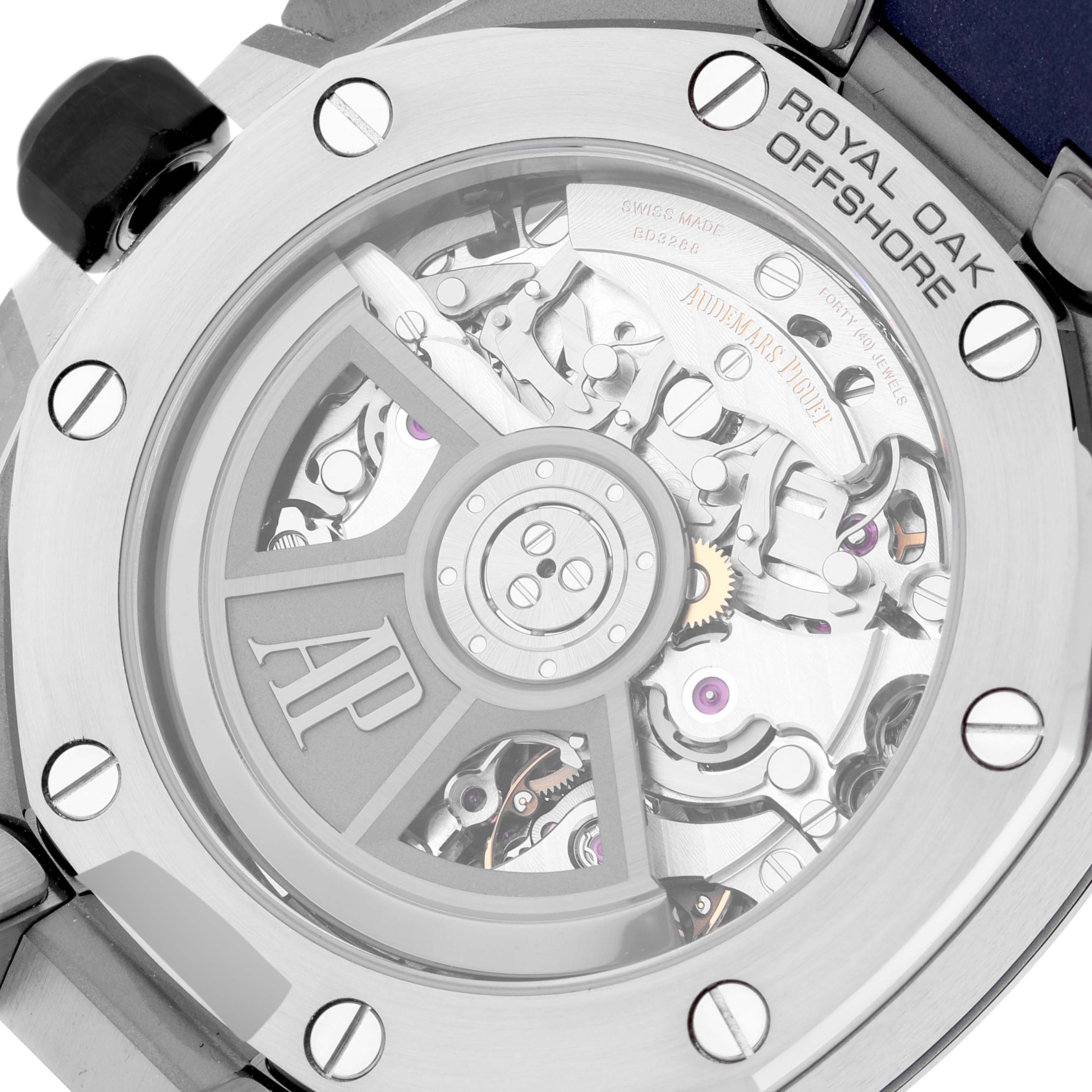 This image shows the back view of the Audemars Piguet Royal Oak Offshore 26420TI.OO.A027CA.01 Men's Titanium Blue Dial 26420TI.OO.A027CA.01 Men's Titanium Blue Dial watch, highlighting the transparent case back and movement.