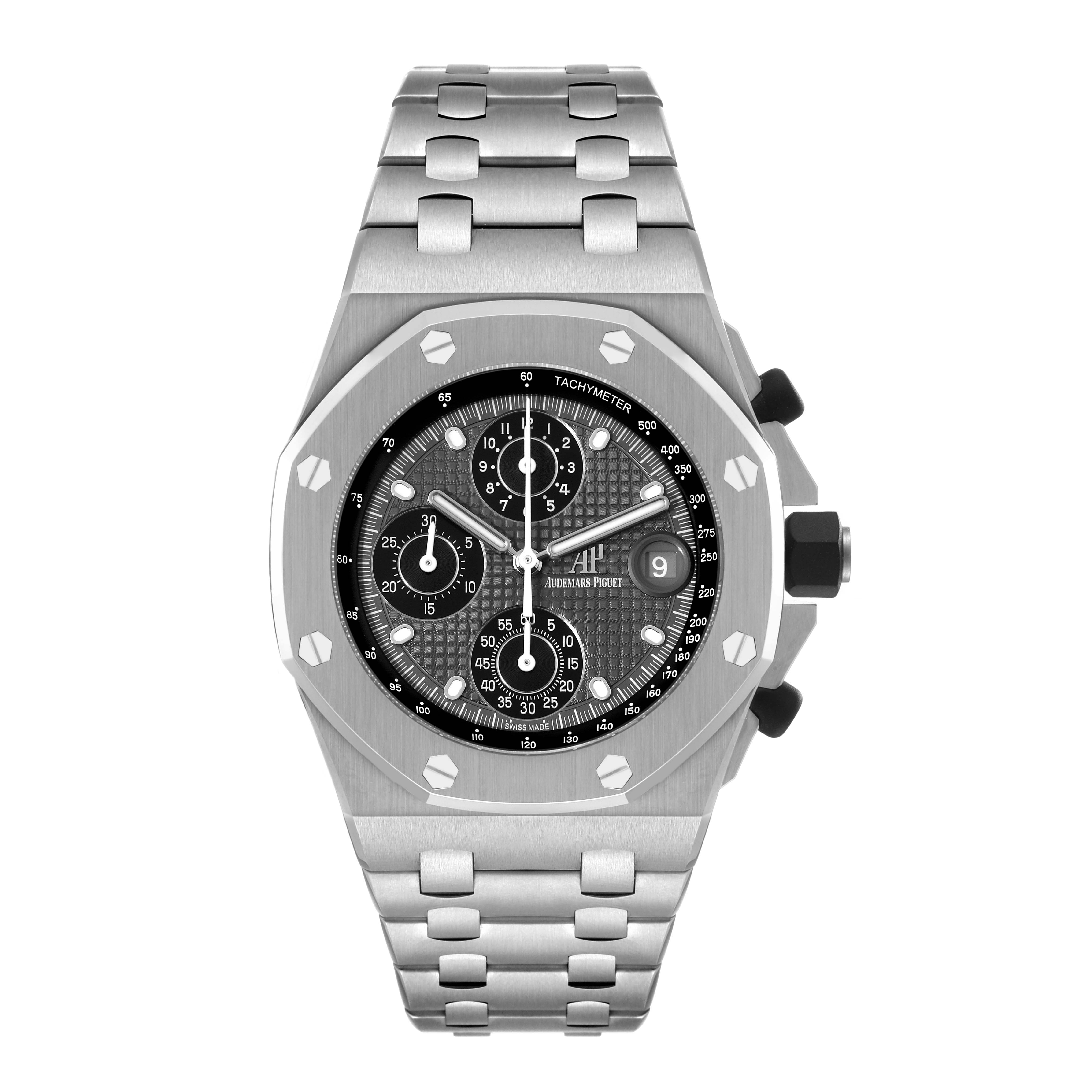 The image shows a front view of the Audemars Piguet Royal Oak Offshore 26238TI.OO.2000TI.01 Men's Titanium Grey Dial 26238TI.OO.2000TI.01 Men's Titanium Grey Dial watch, displaying its face, bracelet, and side buttons.