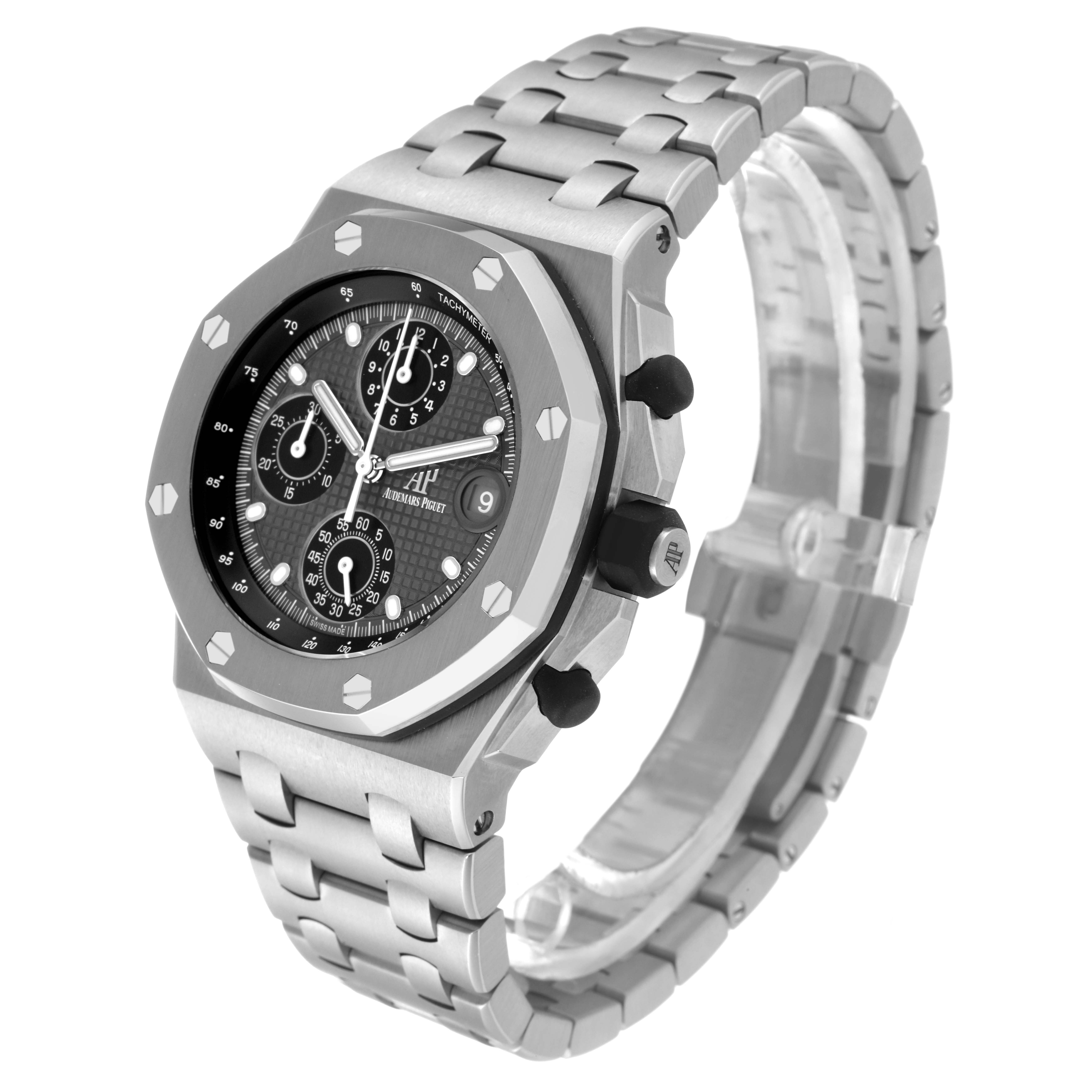 This image shows a Royal Oak Offshore model by Audemars Piguet at a three-quarter angle, highlighting its face, buttons, and band.