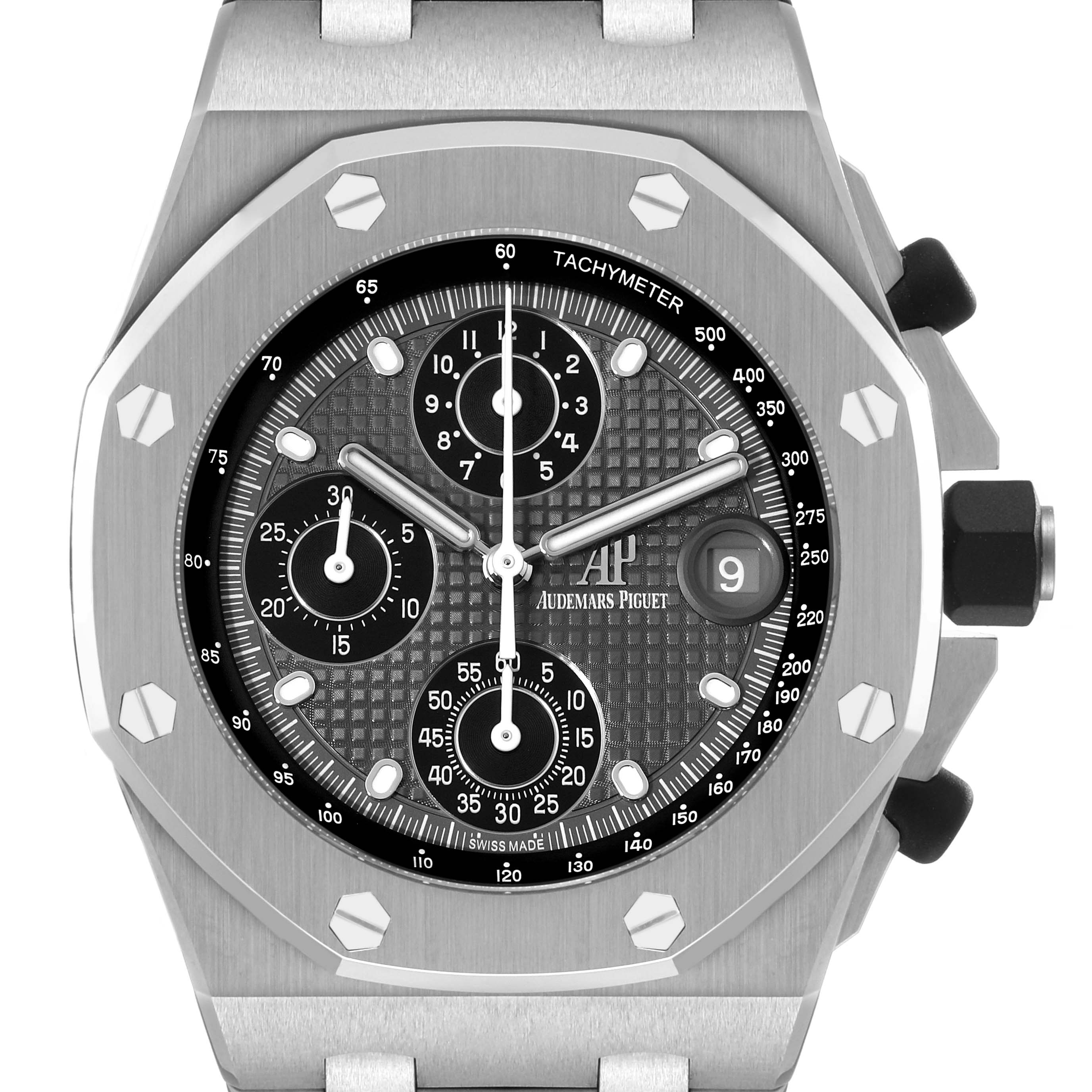 This image shows a front view of the Audemars Piguet Royal Oak Offshore 26238TI.OO.2000TI.01 Men's Titanium Grey Dial 26238TI.OO.2000TI.01 Men's Titanium Grey Dial watch, highlighting the dial, bezel, and chronograph features.