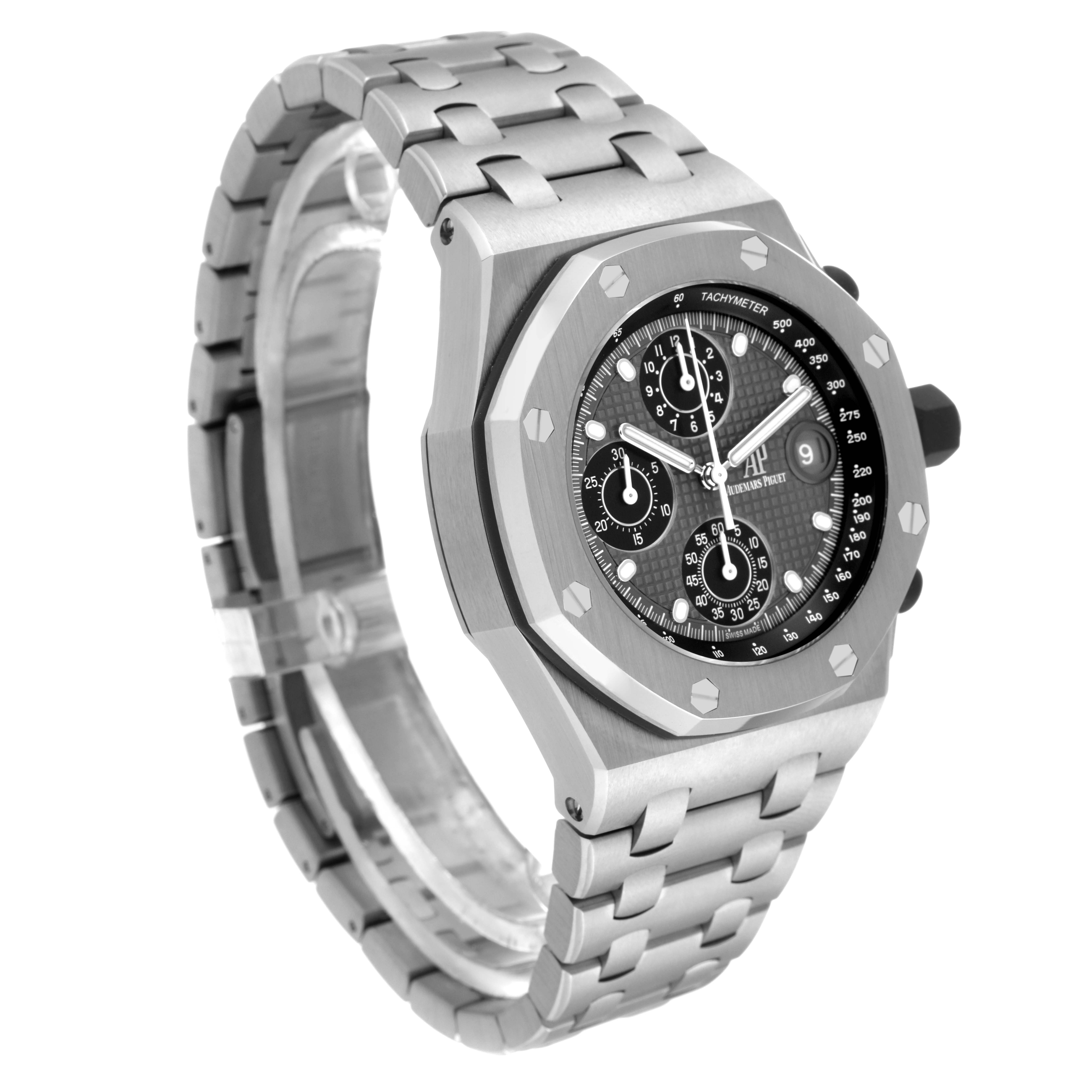 The image shows a side angle view of the Audemars Piguet Royal Oak Offshore 26238TI.OO.2000TI.01 Men's Titanium Grey Dial 26238TI.OO.2000TI.01 Men's Titanium Grey Dial watch, highlighting the bracelet, case, and dial.