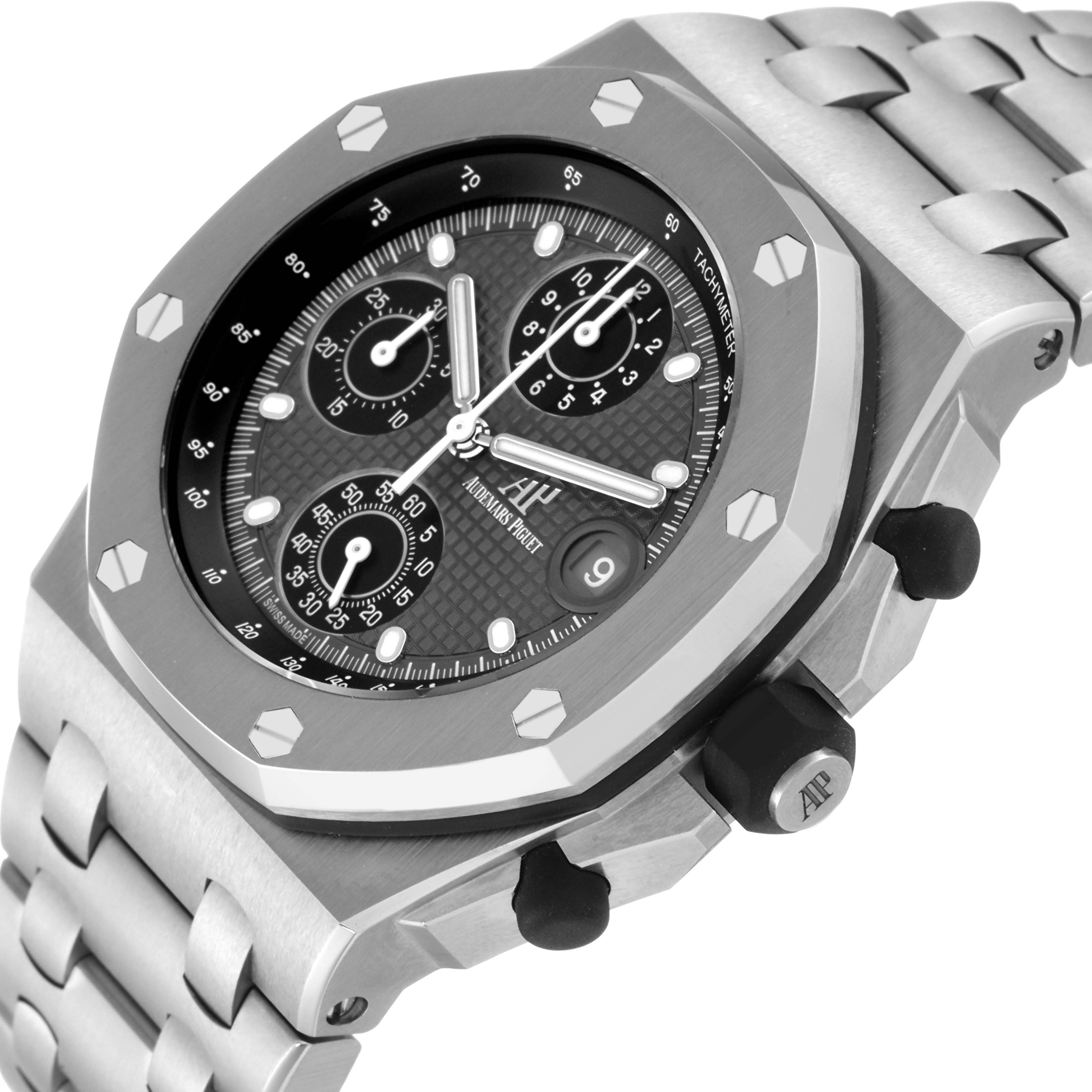 The image shows an angled close-up of the Audemars Piguet Royal Oak Offshore 26238TI.OO.2000TI.01 Men's Titanium Grey Dial 26238TI.OO.2000TI.01 Men's Titanium Grey Dial watch's face, bezel, and bracelet.