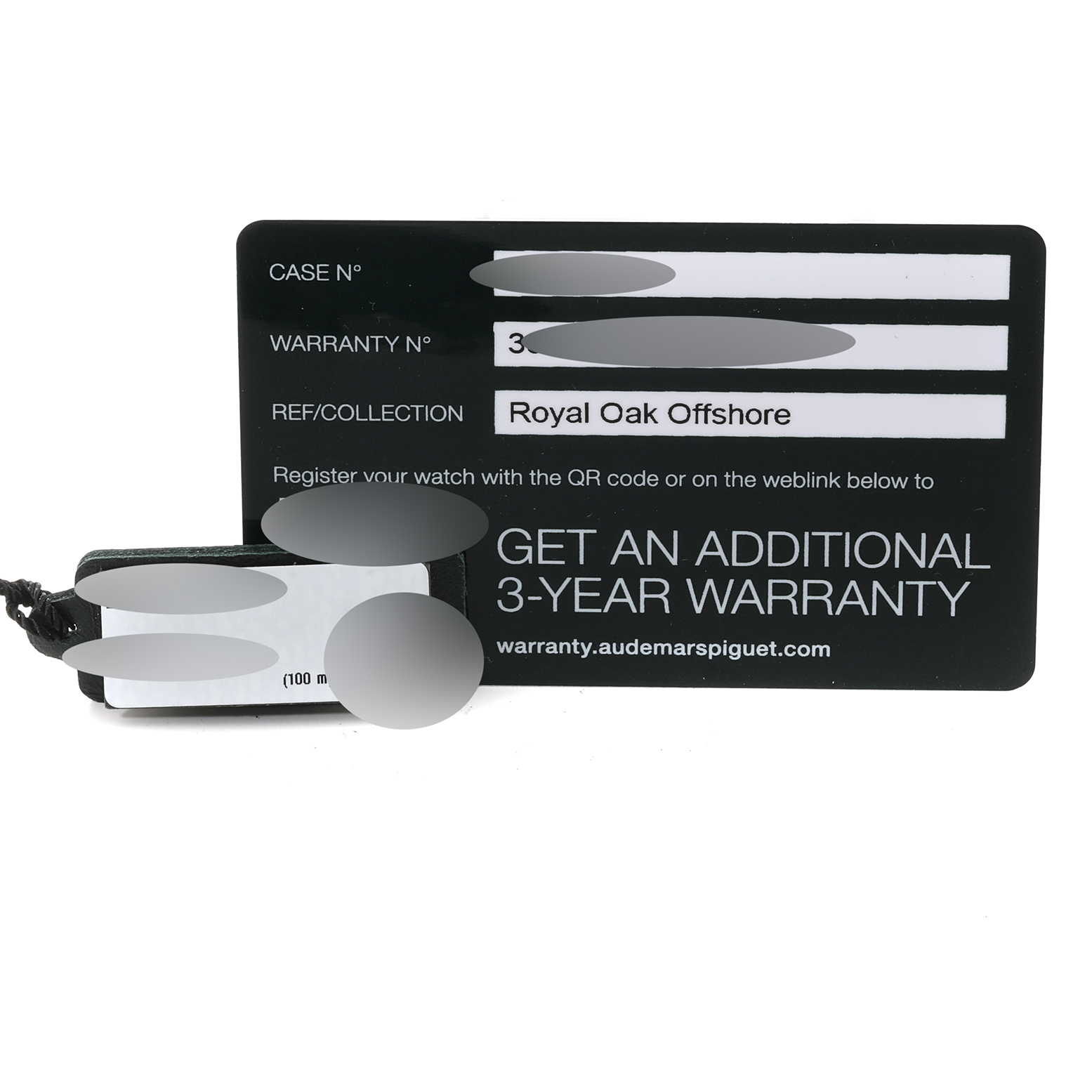 This image shows a warranty card and tag for a Royal Oak Offshore model watch by Audemars Piguet.