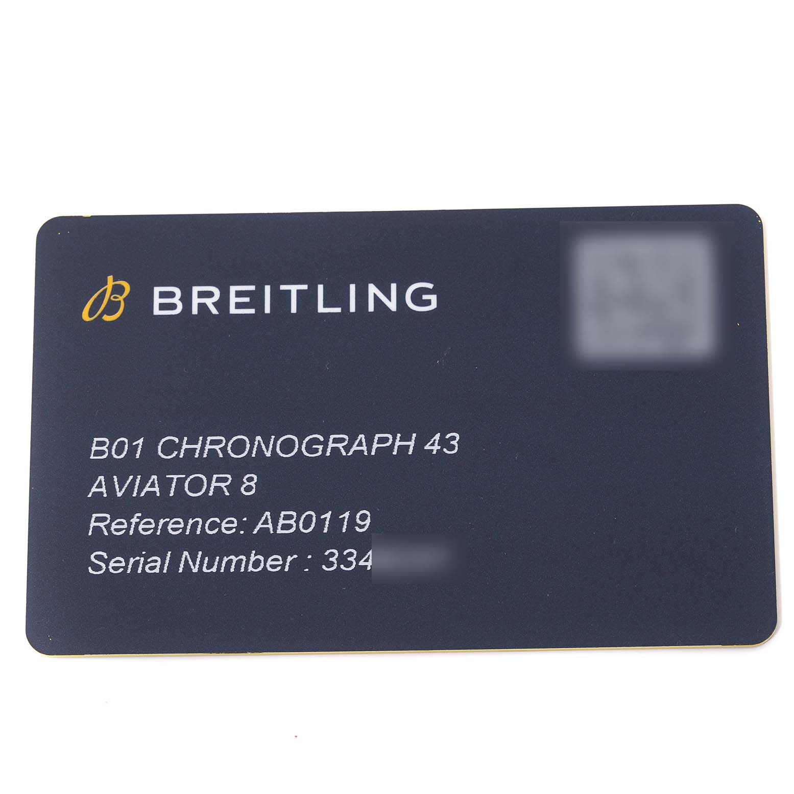 This image shows the warranty card for a Breitling Aviator AB0119 Men's Stainless Steel Black Dial AB0119 Men's Stainless Steel Black Dial 8 B01 Chronograph 43 watch, displaying reference and serial numbers.