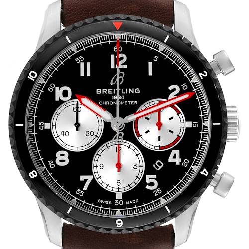 The image shows a front view of the Breitling Aviator chronometer watch, highlighting its black dial, chronograph subdials, and red hands.