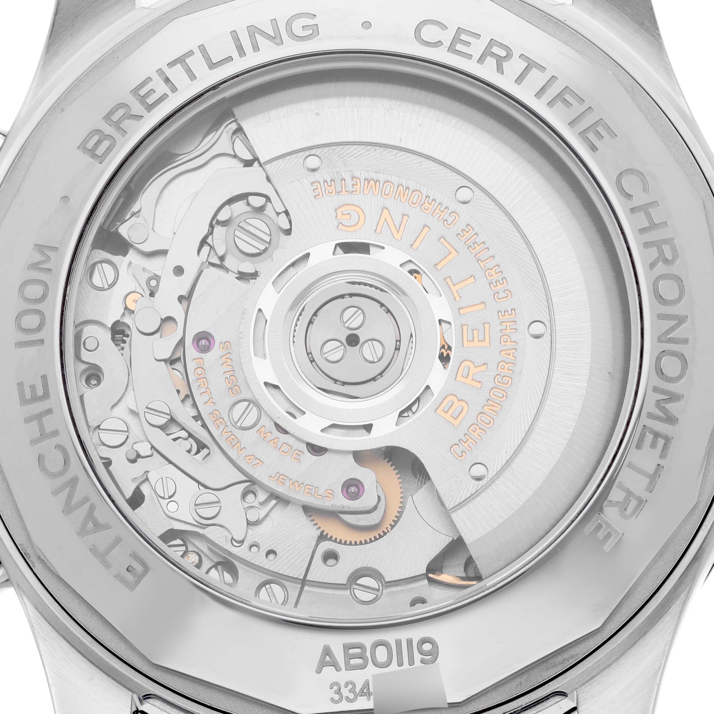 This image shows the back view of the Breitling Aviator AB0119 Men's Stainless Steel Black Dial AB0119 Men's Stainless Steel Black Dial watch, revealing the intricate internal mechanical movement.