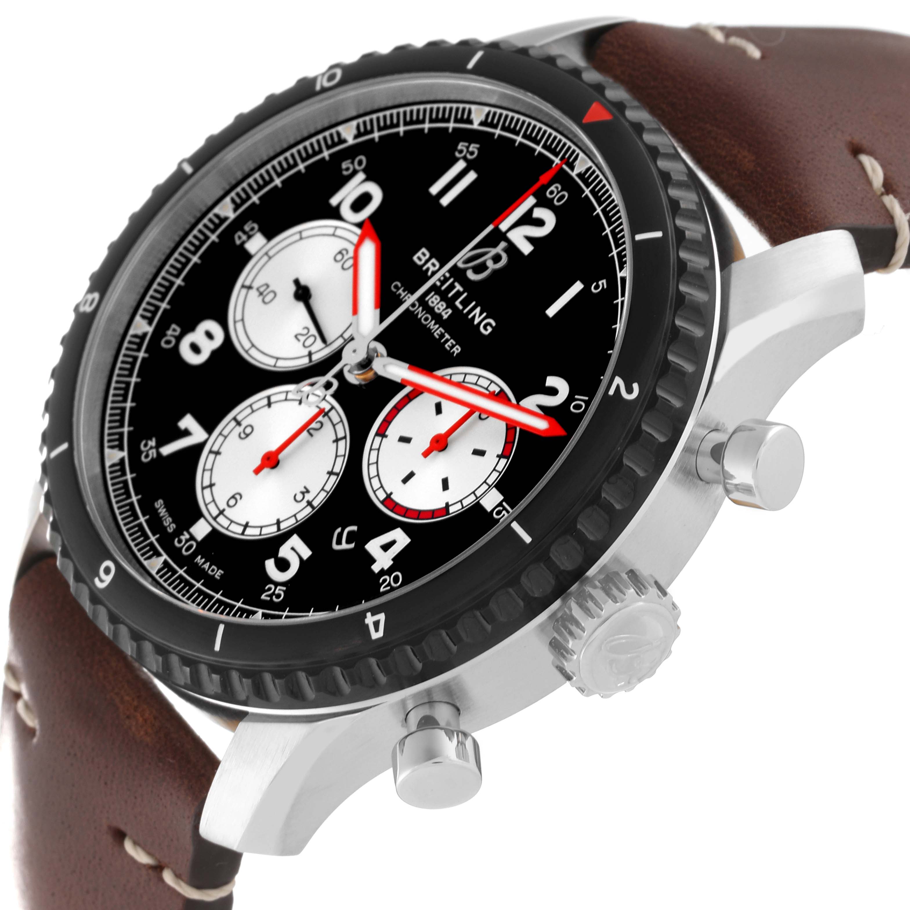 This image showcases a side angle of the Breitling Aviator AB0119 Men's Stainless Steel Black Dial AB0119 Men's Stainless Steel Black Dial watch, highlighting its dial, bezel, and crown with pushers on a leather strap.