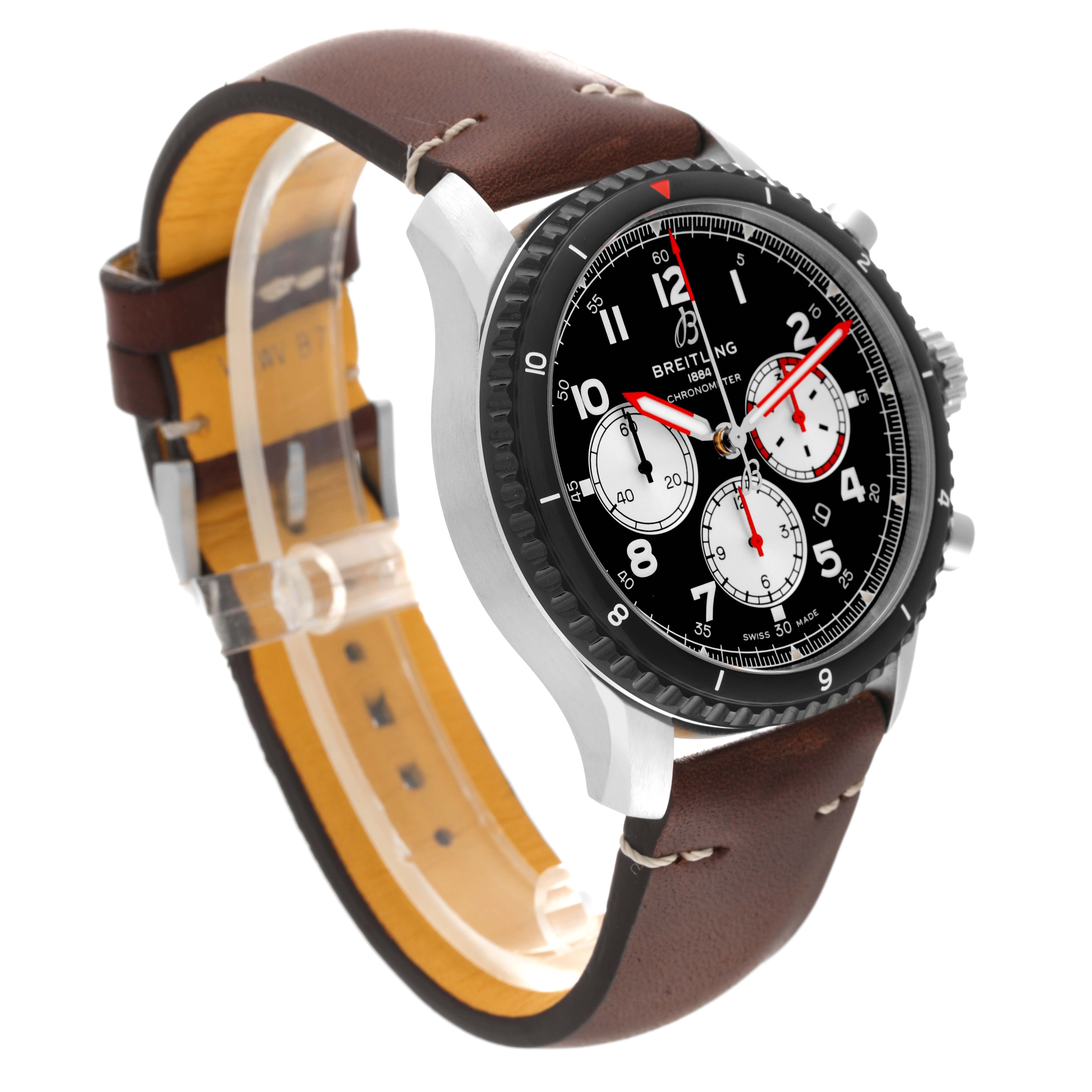 The Breitling Aviator AB0119 Men's Stainless Steel Black Dial AB0119 Men's Stainless Steel Black Dial watch is shown at an angled side view, displaying its dial, bezel, and brown leather strap.