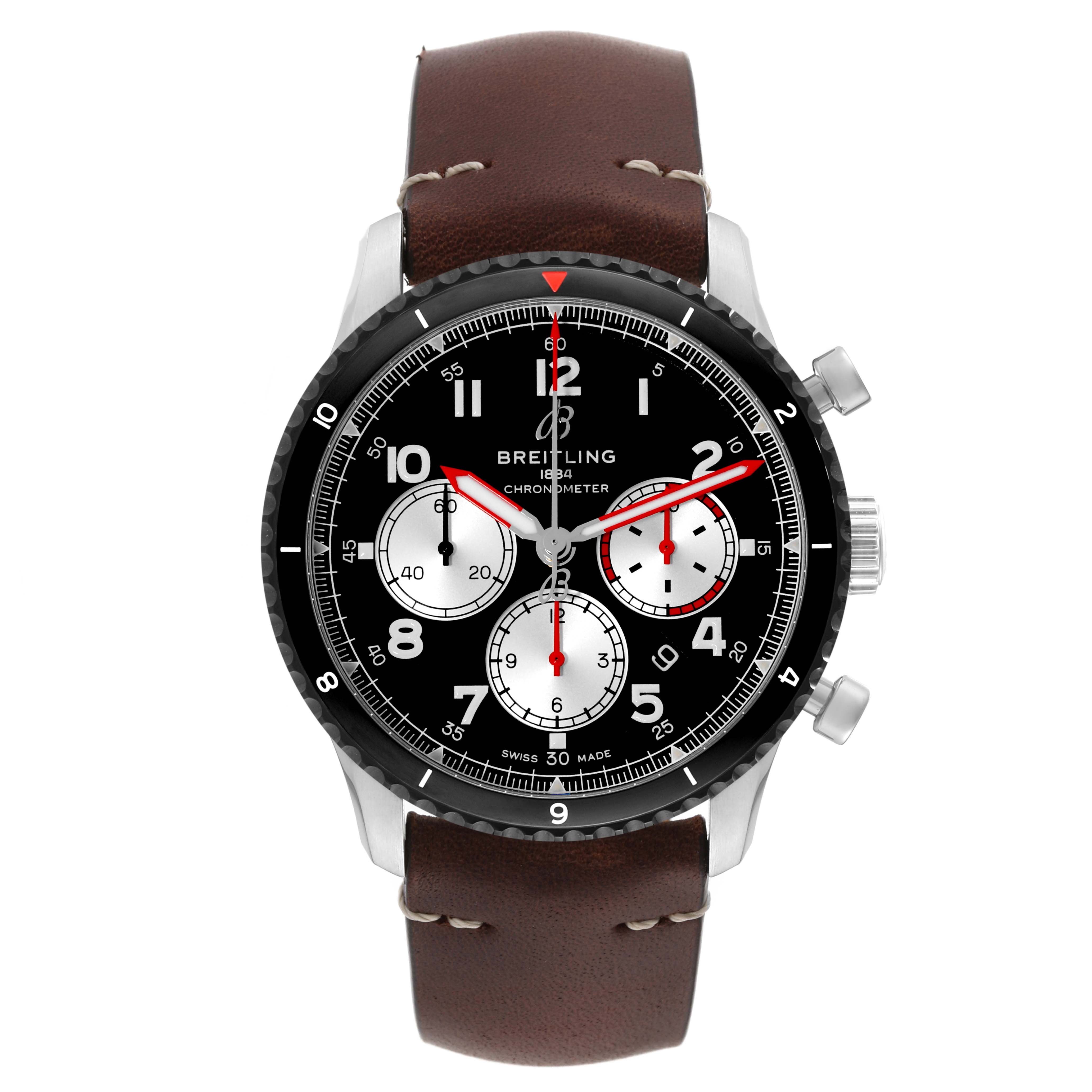 The Breitling Aviator AB0119 Men's Stainless Steel Black Dial AB0119 Men's Stainless Steel Black Dial model watch is shown from a top-down angle, highlighting its black dial, subdials, and brown leather strap.
