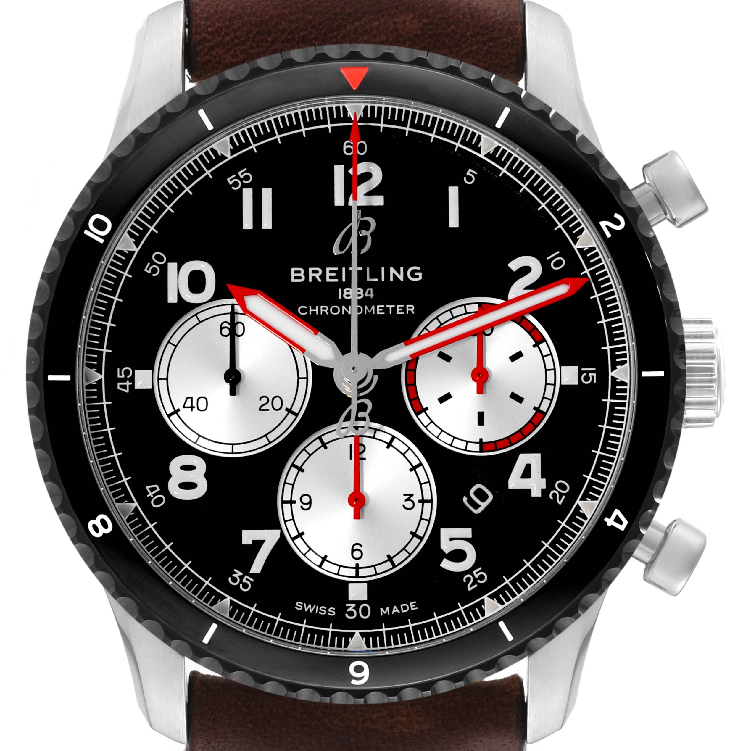 The image shows a front view of the Breitling Aviator AB0119 Men's Stainless Steel Black Dial AB0119 Men's Stainless Steel Black Dial watch, highlighting its black dial, chronograph subdials, and brown strap.