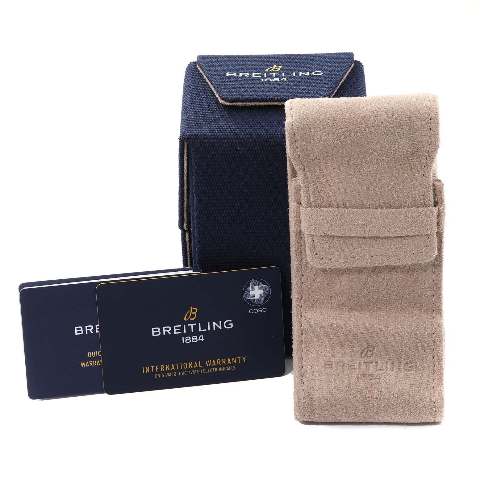 The image shows accessories for a Breitling Aviator AB0119 Men's Stainless Steel Black Dial AB0119 Men's Stainless Steel Black Dial watch, including packaging, a soft case, and warranty cards.