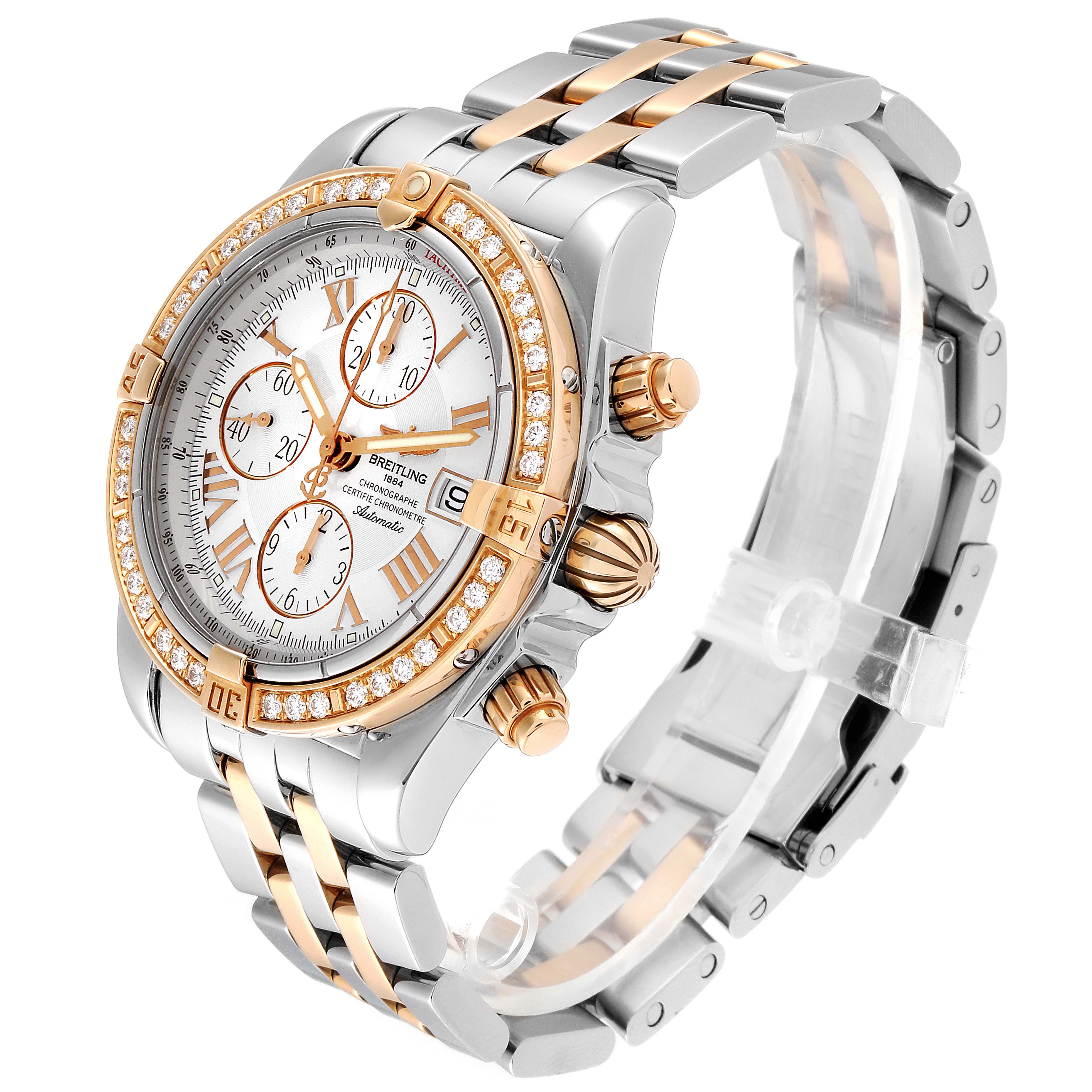 This image shows a Breitling Chronomat C13356 Men's Steel and Gold (two tone) Silver Dial C13356 Men's Steel and Gold (two tone) Silver Dial watch at a slight angle, highlighting its dial, bezel, bracelet, and chronograph buttons.