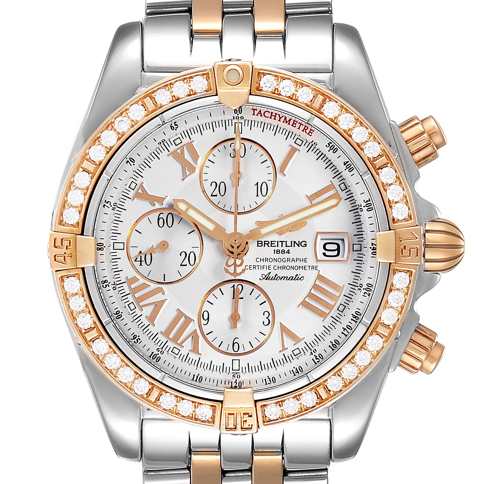 The Breitling Chronomat C13356 Men's Steel and Gold (two tone) Silver Dial C13356 Men's Steel and Gold (two tone) Silver Dial watch is shown from a front angle, highlighting the face, bezel, crown, and part of the bracelet.
