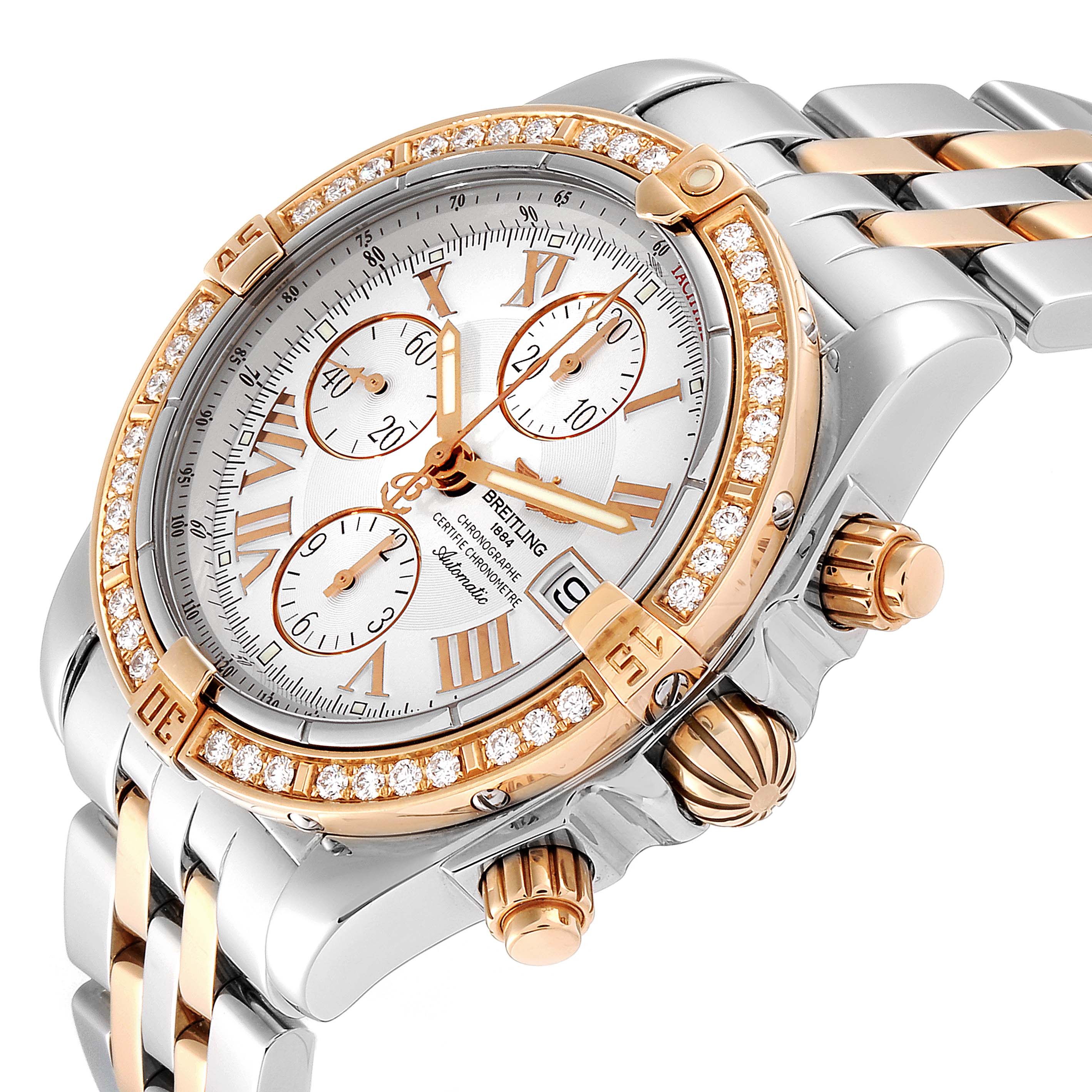 The image shows a Breitling Chronomat C13356 Men's Steel and Gold (two tone) Silver Dial C13356 Men's Steel and Gold (two tone) Silver Dial watch from an angled side view, displaying the bezel, dial, crown, and part of the bracelet.