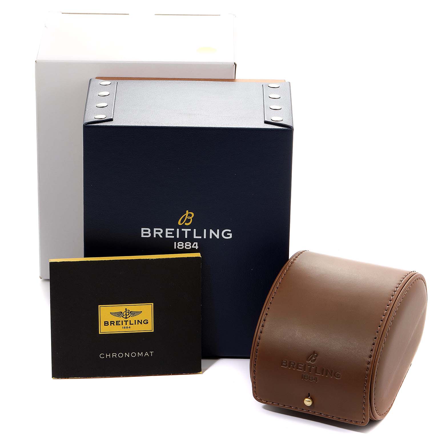 The image shows Breitling Chronomat C13356 Men's Steel and Gold (two tone) Silver Dial C13356 Men's Steel and Gold (two tone) Silver Dial watch packaging including the outer box, manual, and leather case.