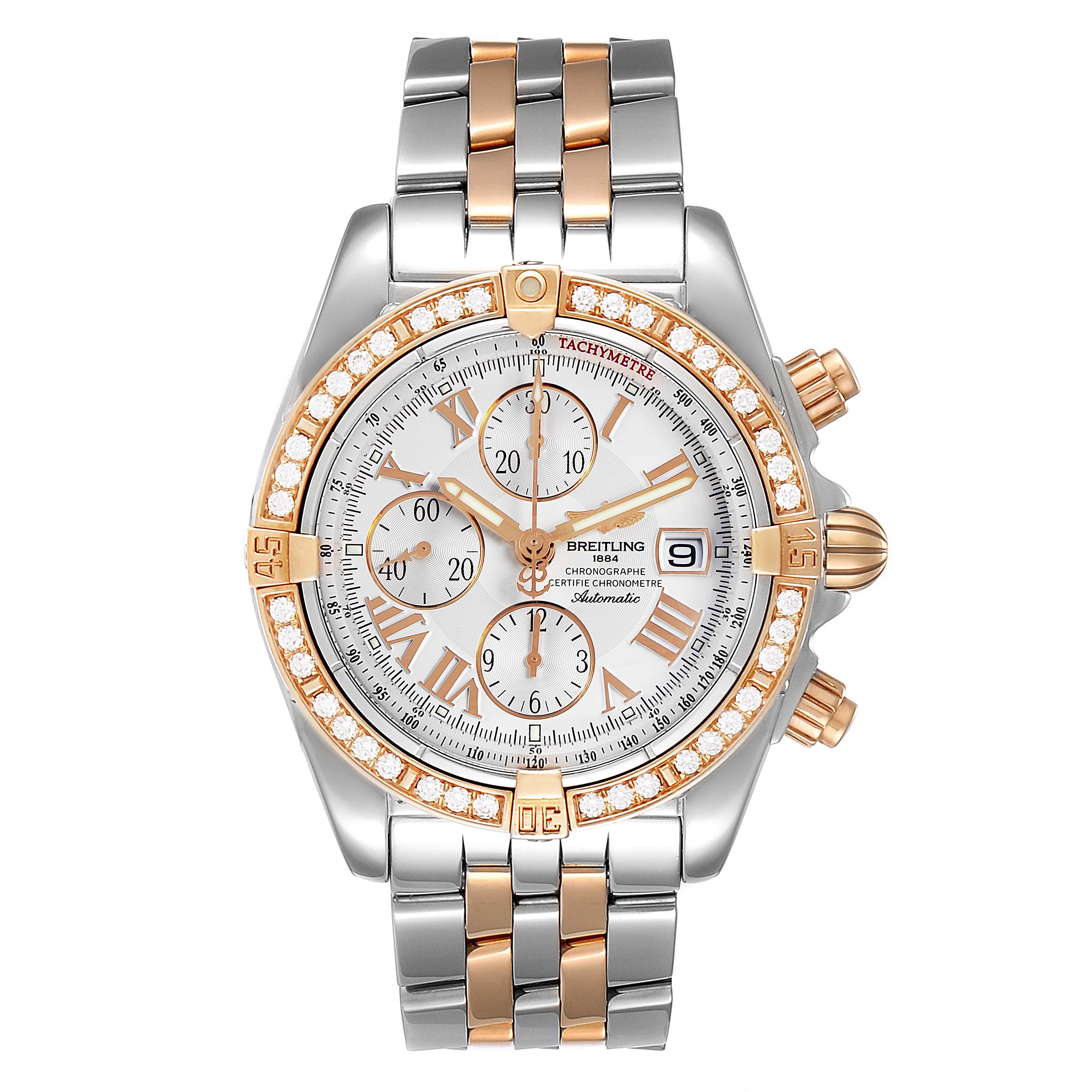 This image shows a front view of a Breitling Chronomat C13356 Men's Steel and Gold (two tone) Silver Dial C13356 Men's Steel and Gold (two tone) Silver Dial watch, highlighting its bezel, dial, and bracelet.