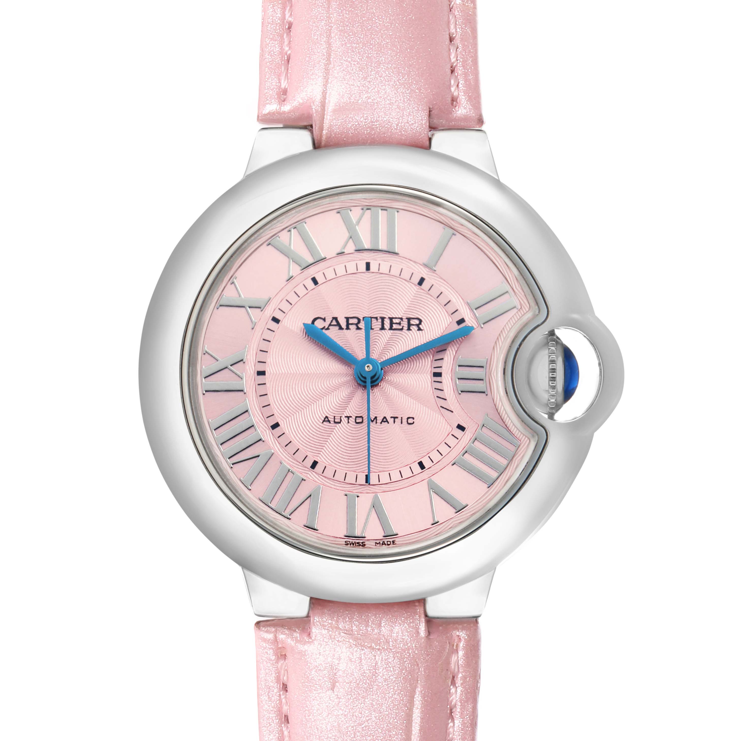 The Cartier Ballon Bleu WSBB0002 Women
s Stainless Steel Pink Dial watch is shown from a front angle, highlighting the pink dial, blue hands, Roman numerals, and pink strap.