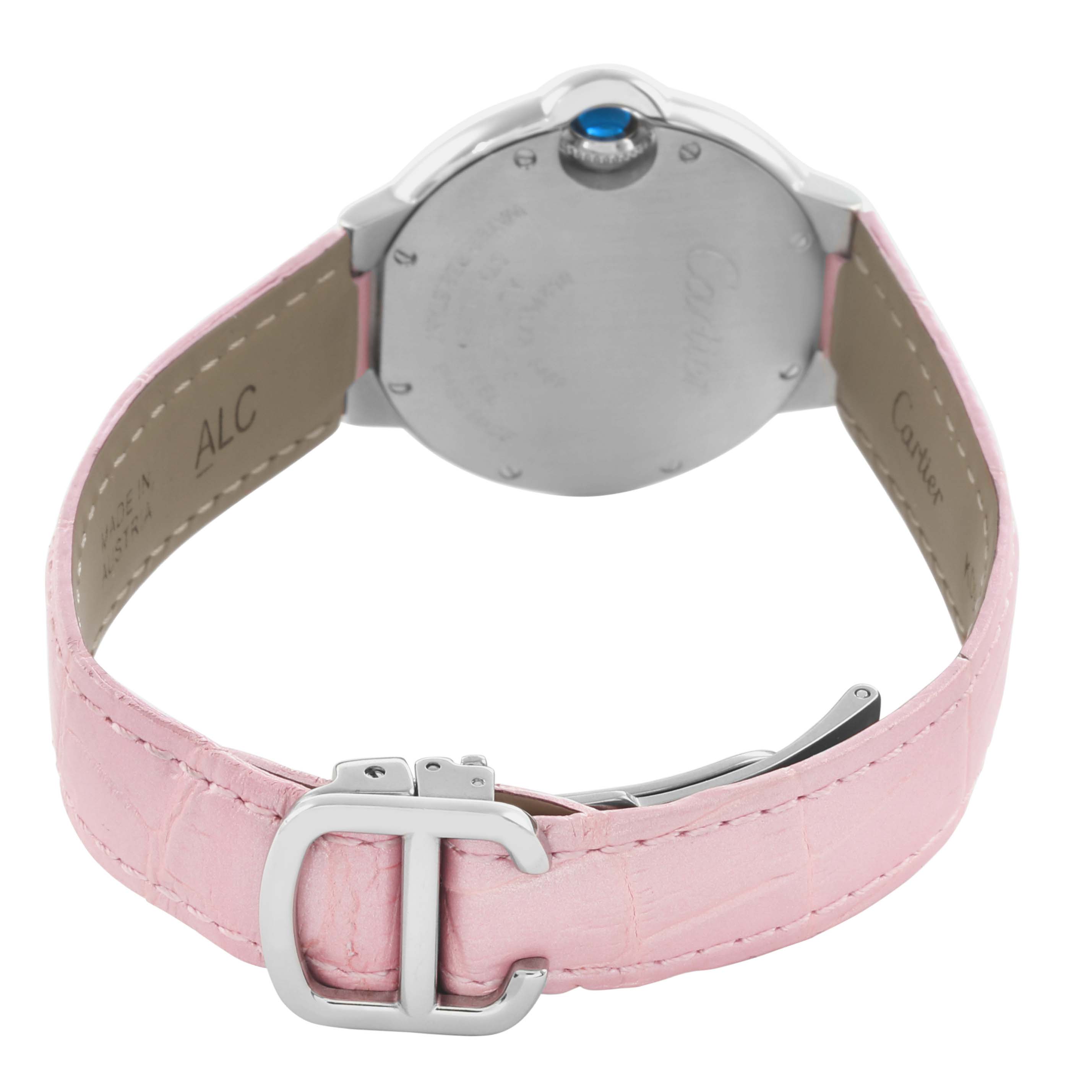 The Cartier Ballon Bleu WSBB0002 Women
s Stainless Steel Pink Dial watch is shown from the back, highlighting the case back, crown, and pink leather strap with a clasp.