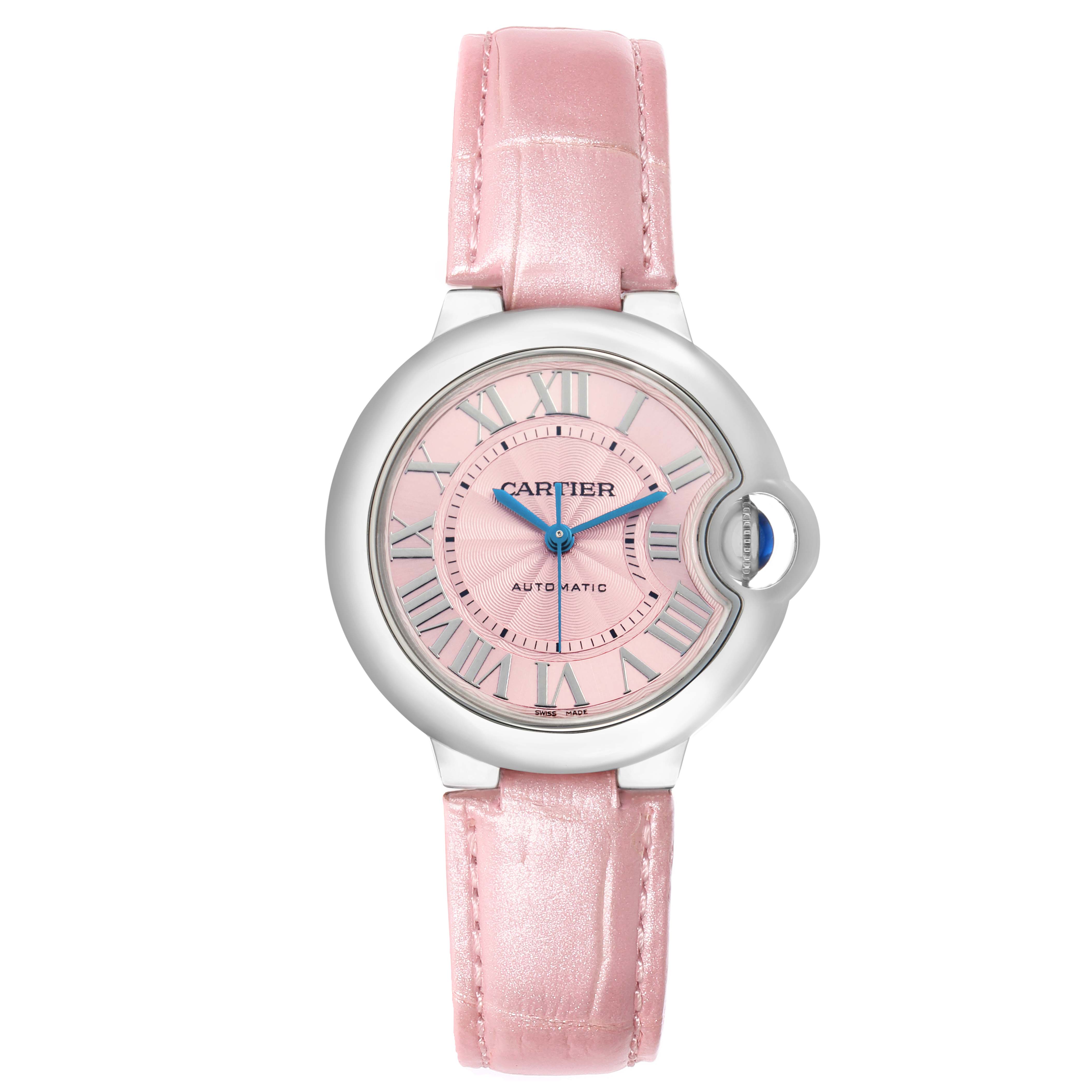 The Cartier Ballon Bleu WSBB0002 Women
s Stainless Steel Pink Dial watch is shown from a top-down angle, displaying the pink dial, case, and pink strap.