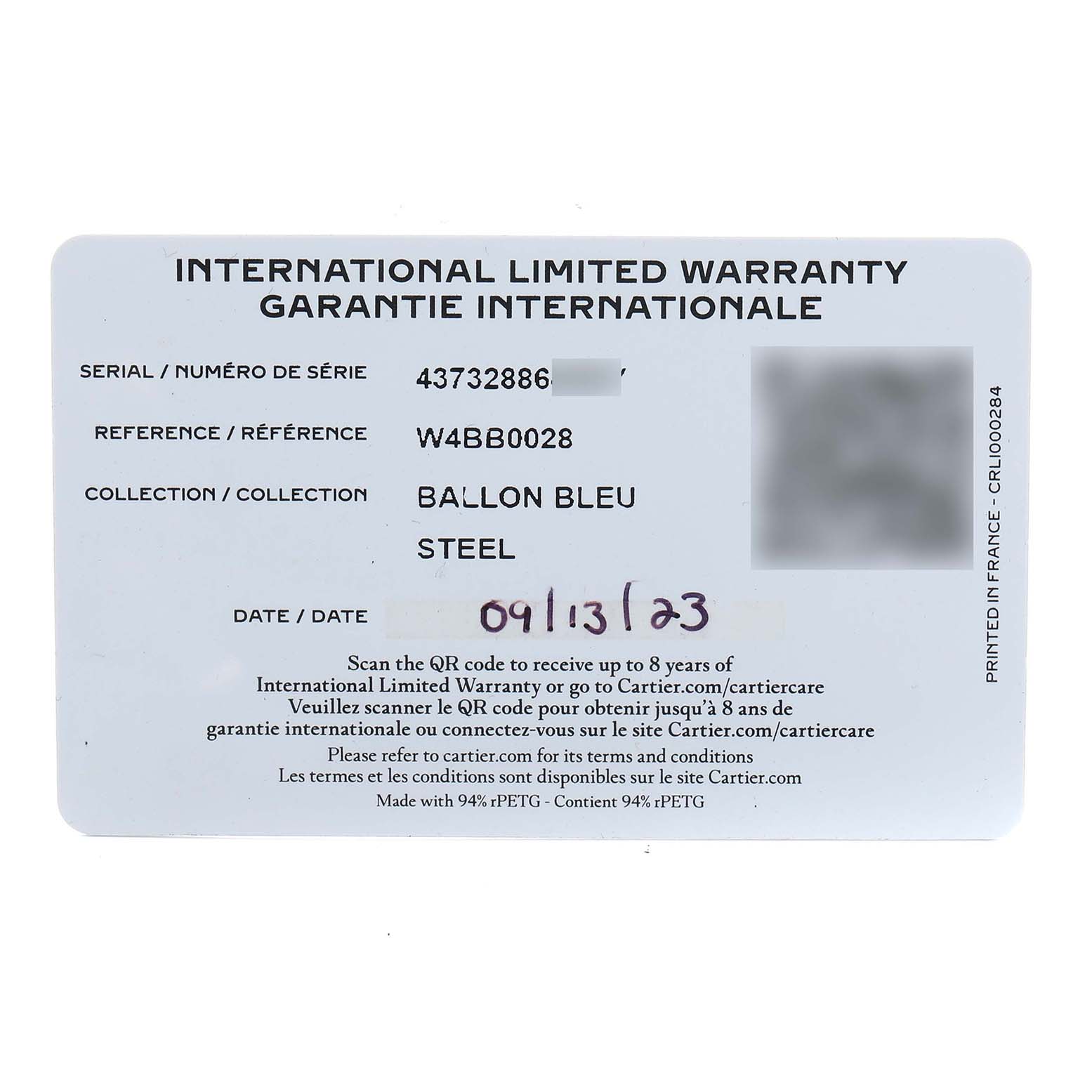 The image shows a warranty card for the Cartier Ballon Bleu W4BB0028 Women
s Stainless Steel Blue Dial model, detailing serial and reference numbers.