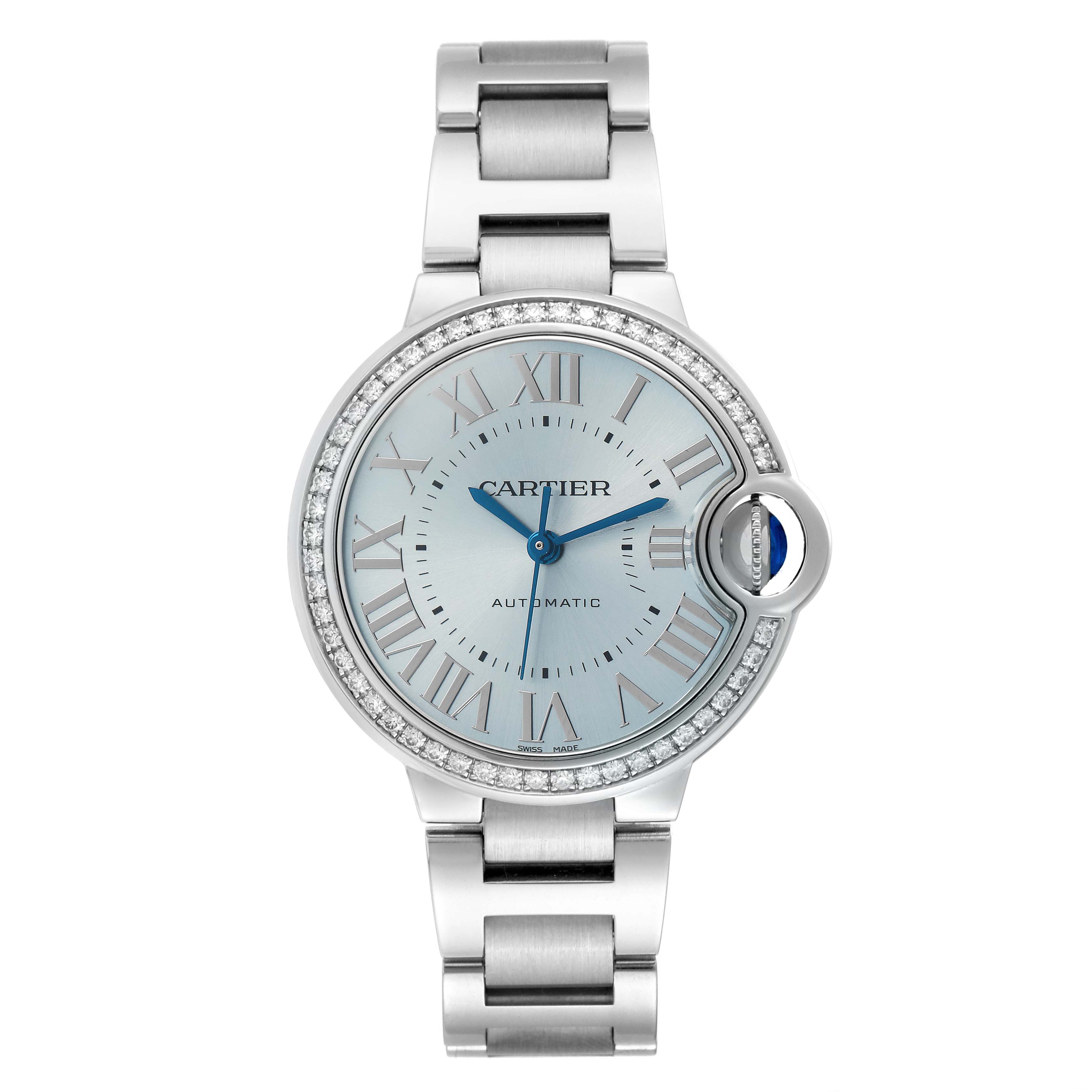 The Cartier Ballon Bleu W4BB0028 Women
s Stainless Steel Blue Dial watch is shown from a top-down angle, highlighting its face, Roman numerals, and metal bracelet.