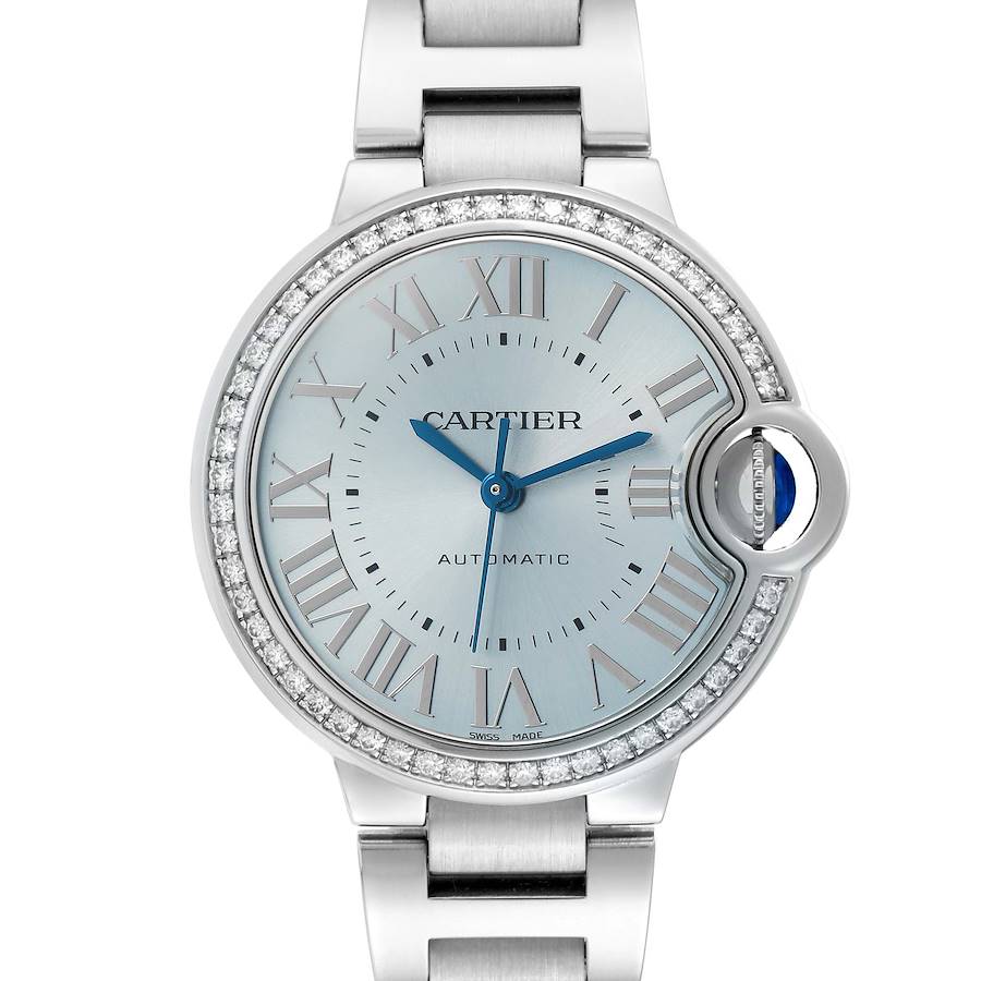 The Cartier Ballon Bleu W4BB0028 Women's Stainless Steel Blue Dial watch is shown from a front angle, displaying its face, Roman numerals, and distinctive blue hands.