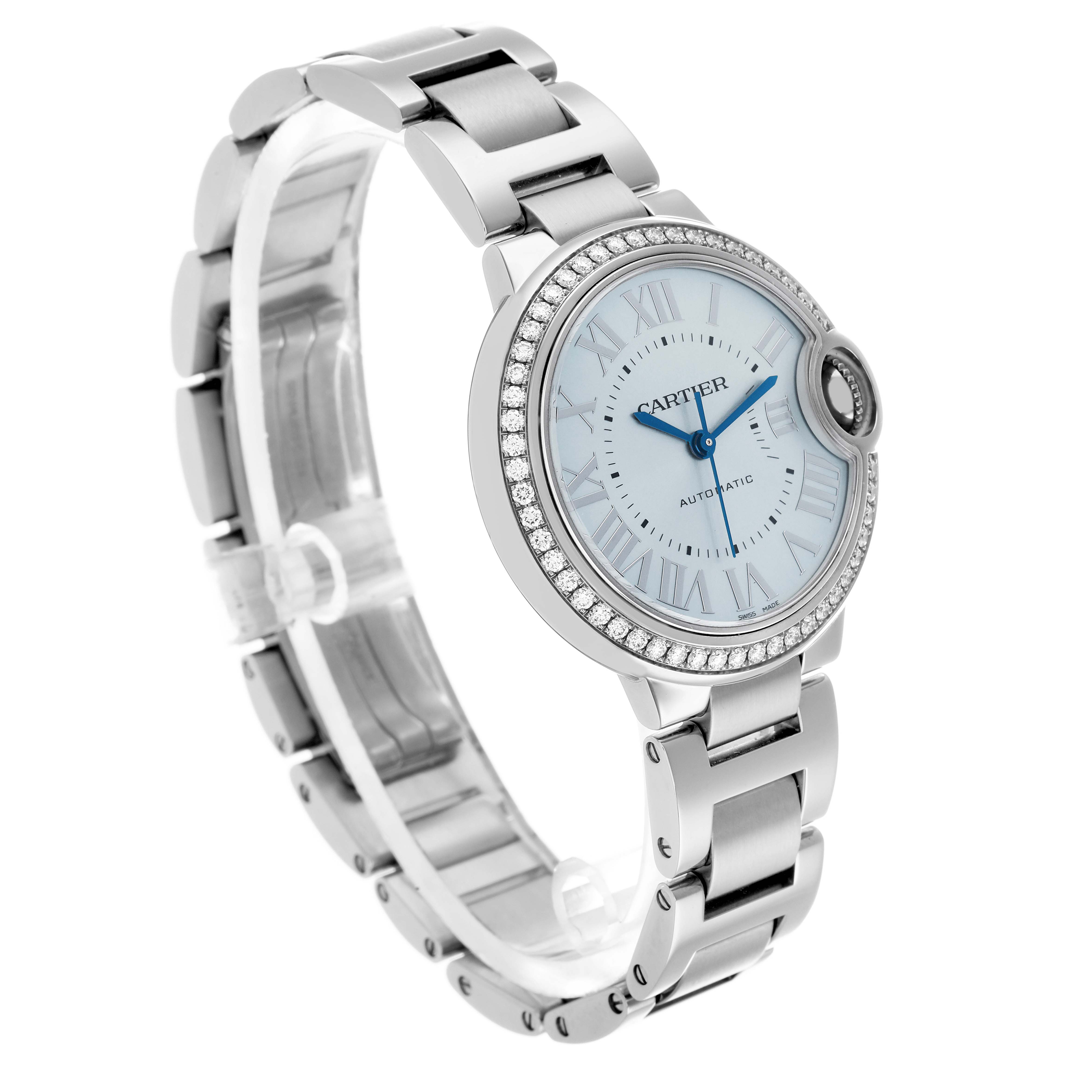 The Cartier Ballon Bleu W4BB0028 Women
s Stainless Steel Blue Dial watch is shown at a three-quarter angle, highlighting the bracelet, diamond bezel, and face details.
