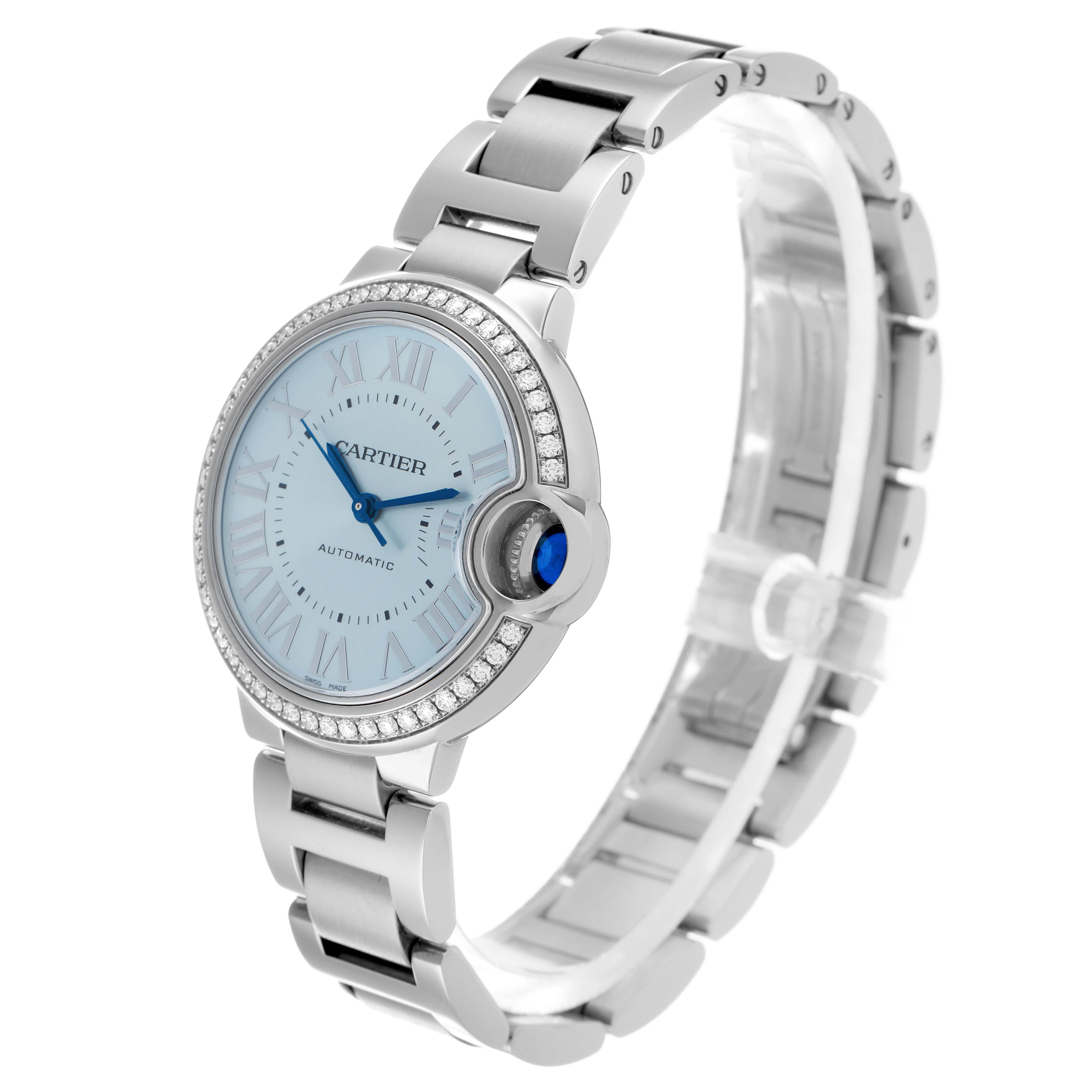 The Cartier Ballon Bleu W4BB0028 Women
s Stainless Steel Blue Dial watch is shown at a slight angle, highlighting its face, bezel, crown, and metal bracelet.