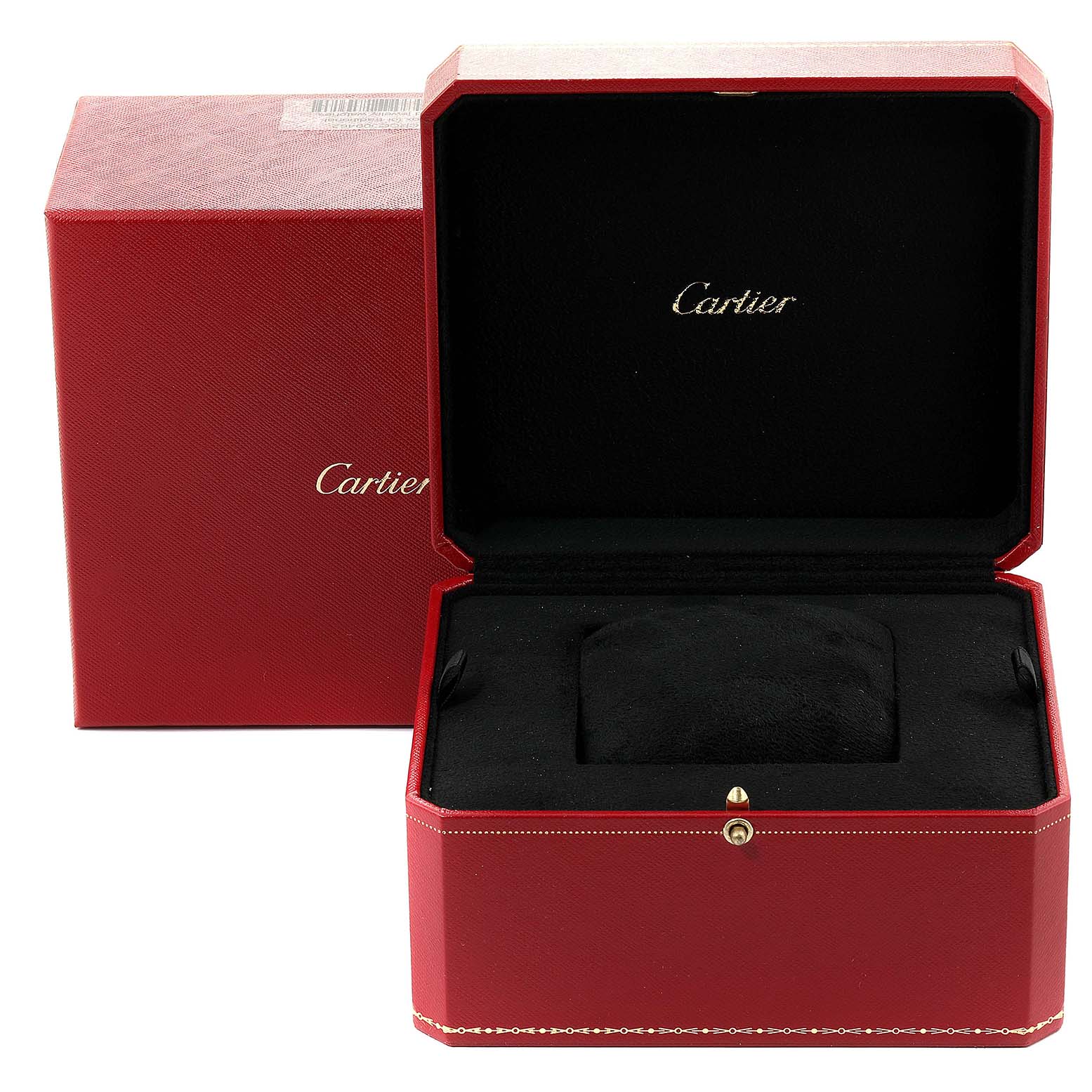 The image shows the open red box for a Cle de Cartier watch, showcasing the inner cushion and branding.