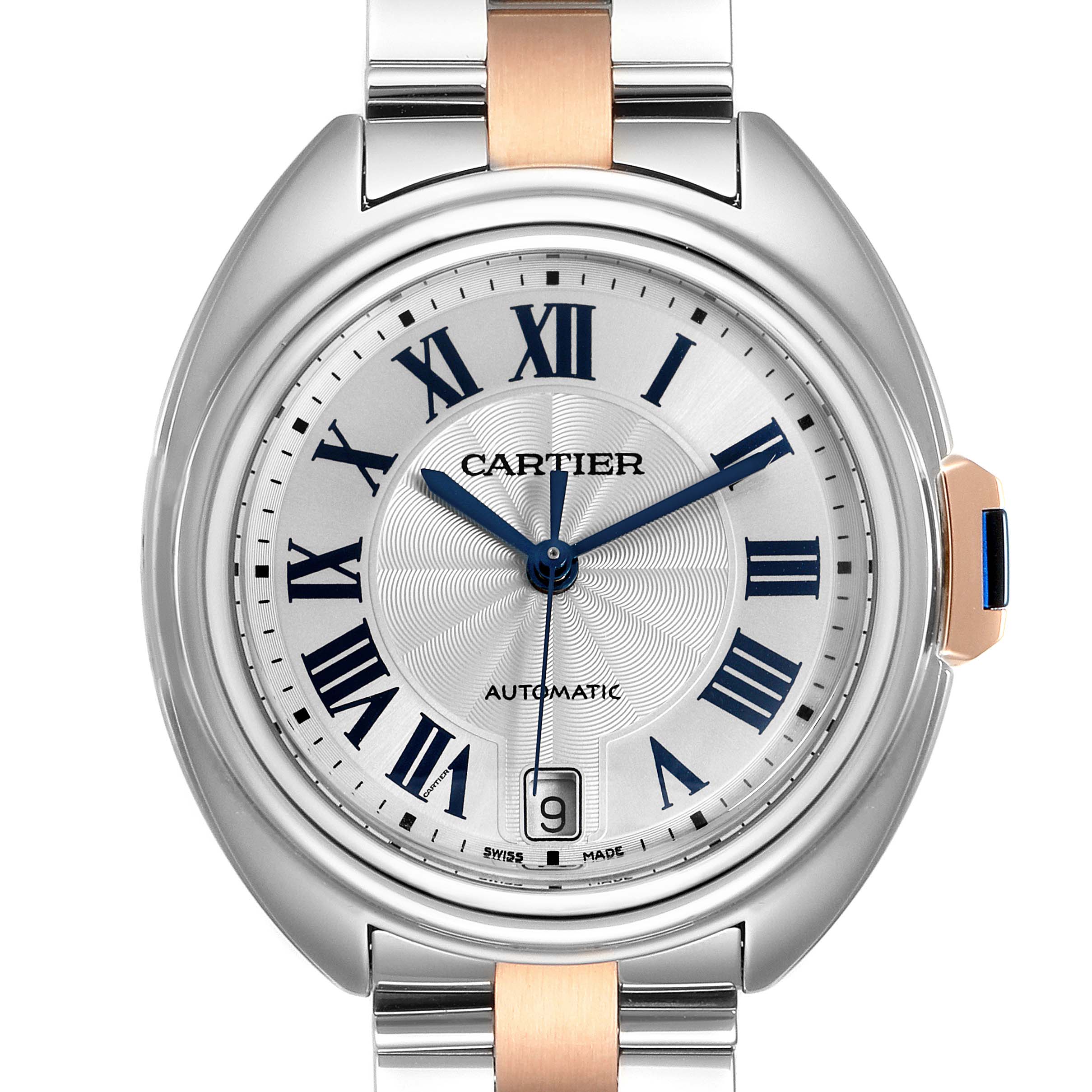 This image shows a front view of the Cle model watch by Cartier, highlighting the dial, Roman numerals, and part of the bracelet.