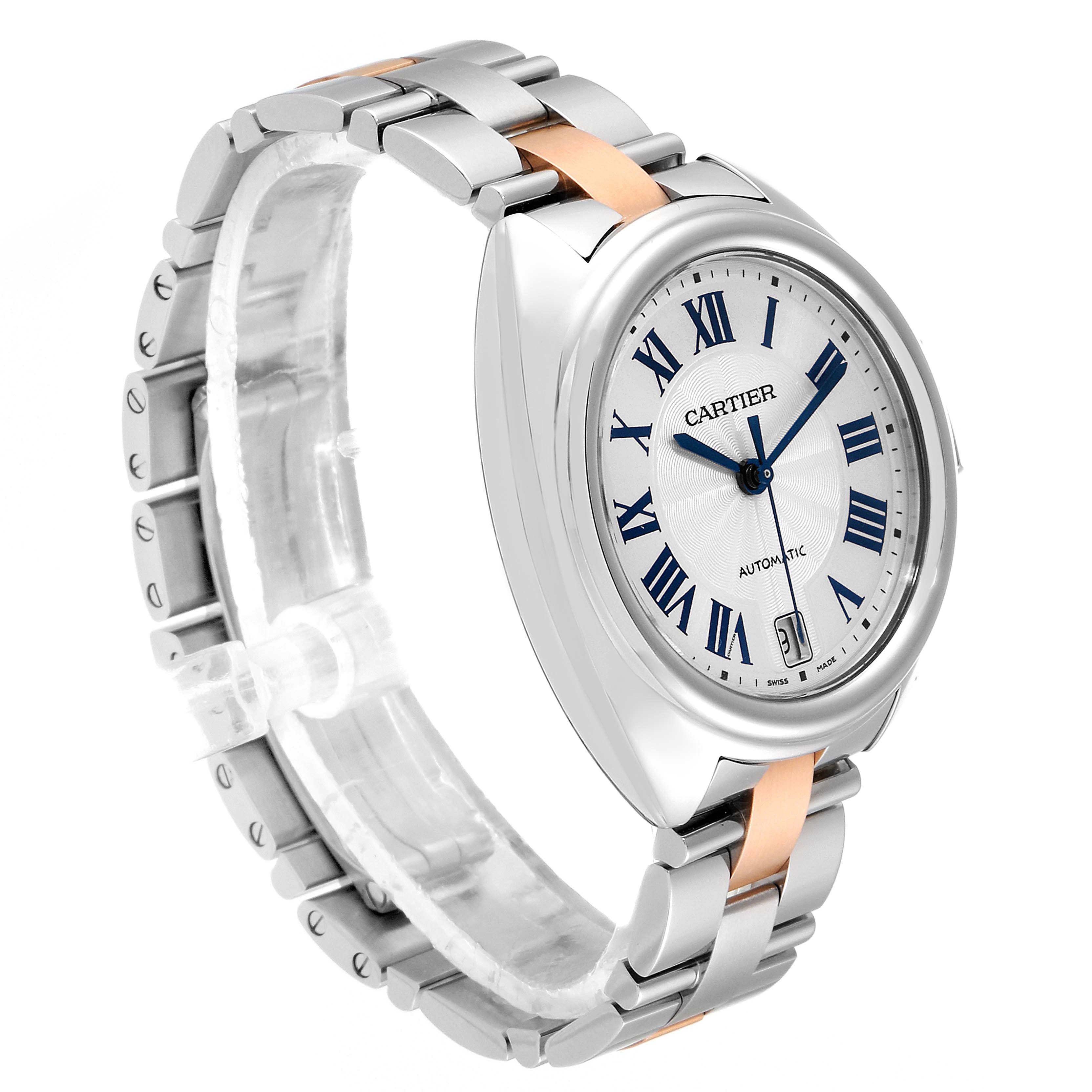 The Cartier Cle WSCL0003 Women's Steel and Gold (two tone) Blue Dial WSCL0003 Women's Steel and Gold (two tone) Blue Dial model watch is shown at a three-quarter angle, highlighting its face, case, and two-tone metal bracelet.