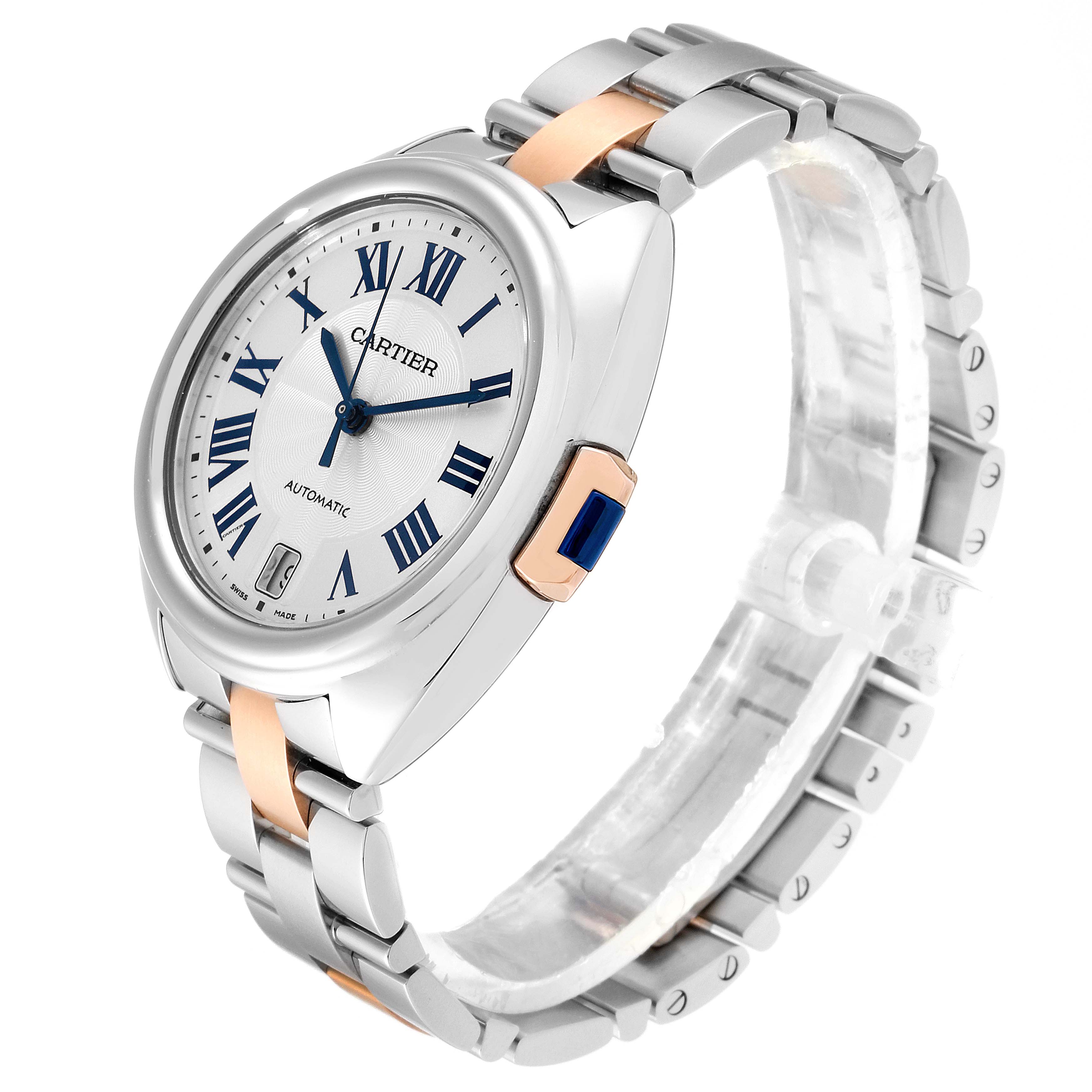 This is a Cle de Cartier watch shown at a slight side angle highlighting its face, bezel, crown, and bracelet.