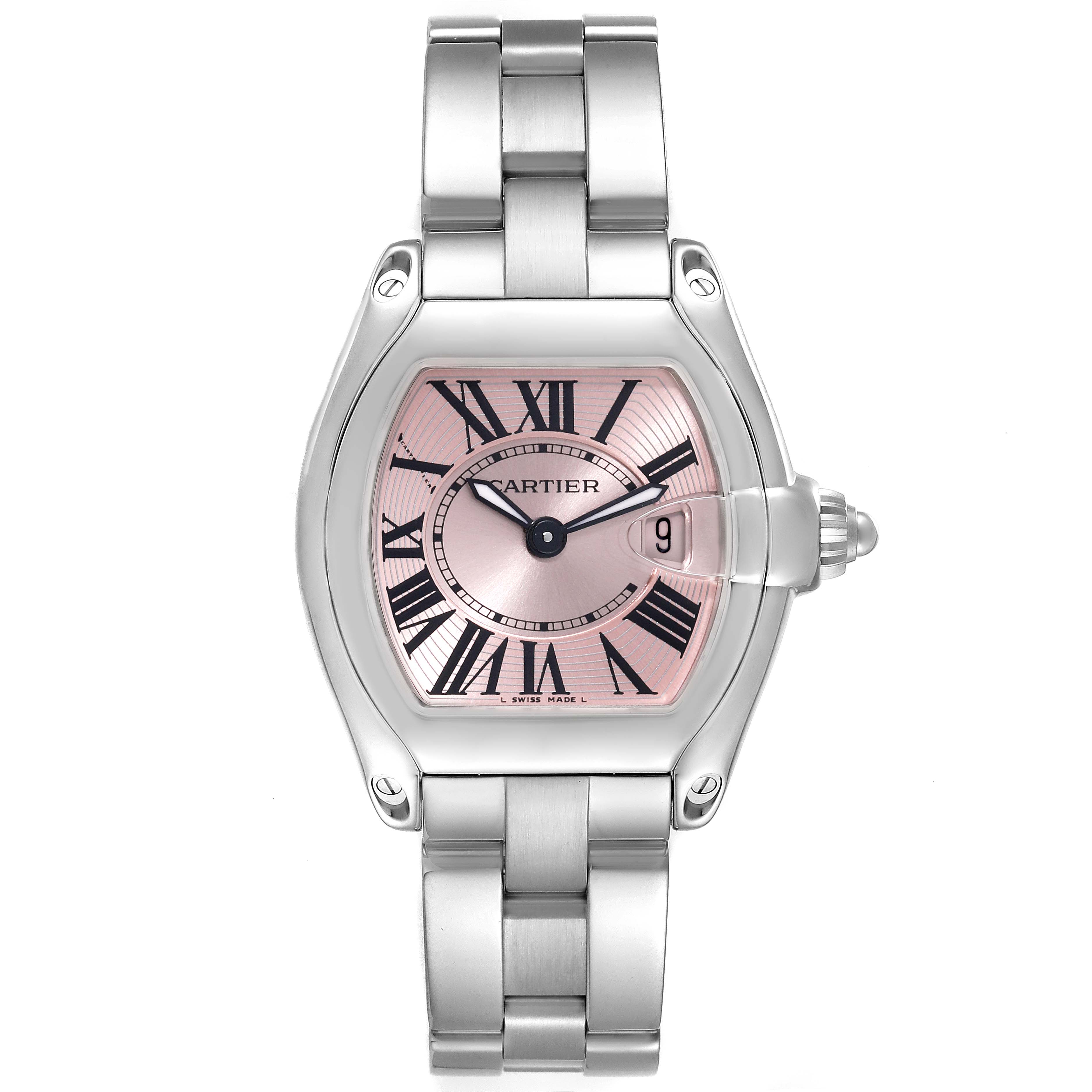 This image displays a front view of a Cartier Roadster W62017V3 Women's Stainless Steel Pink Dial W62017V3 Women's Stainless Steel Pink Dial model watch, showing its face, bezel, bracelet, and crown.