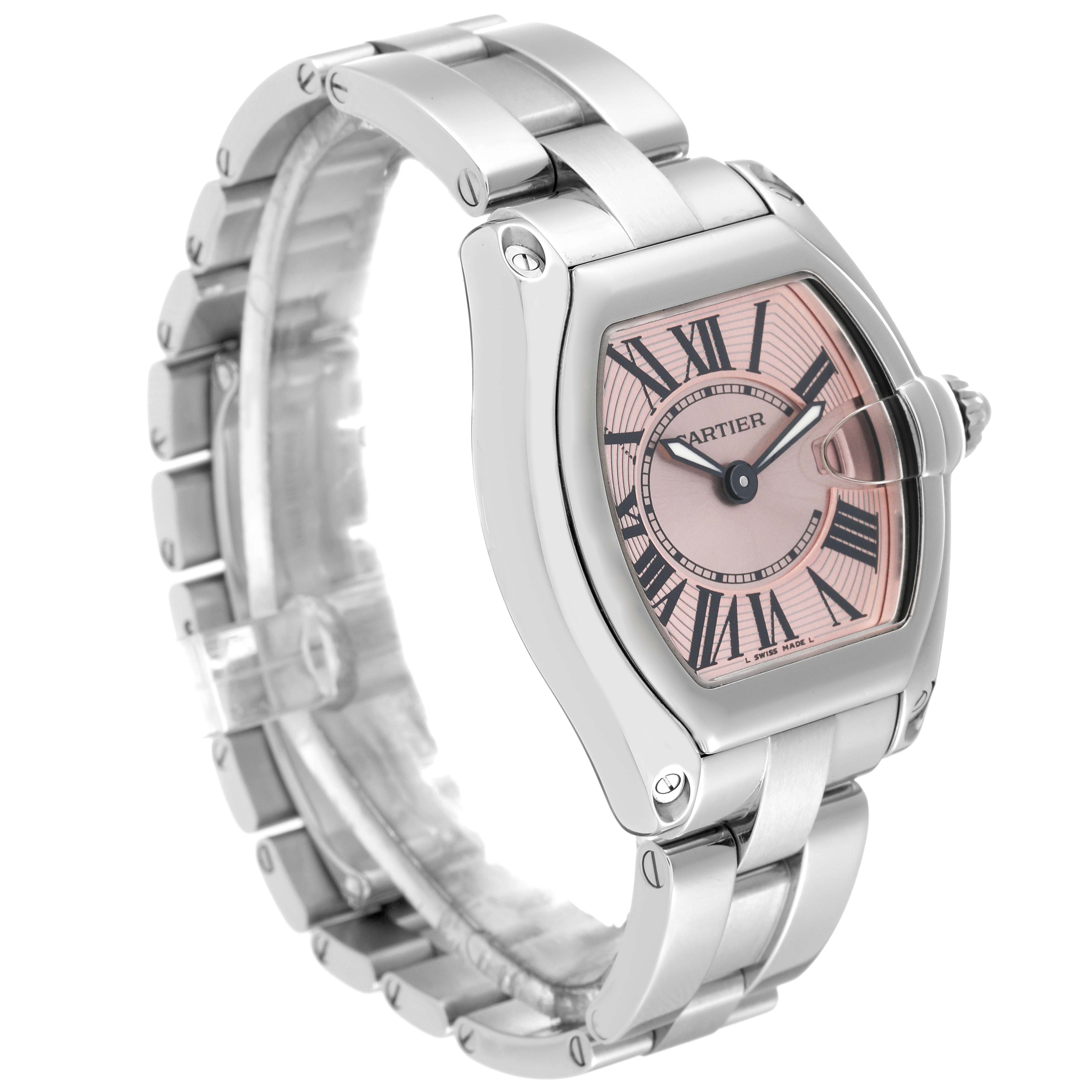 This image shows a Cartier Roadster W62017V3 Women's Stainless Steel Pink Dial W62017V3 Women's Stainless Steel Pink Dial model watch at a three-quarter angle, highlighting its face and stainless steel bracelet.
