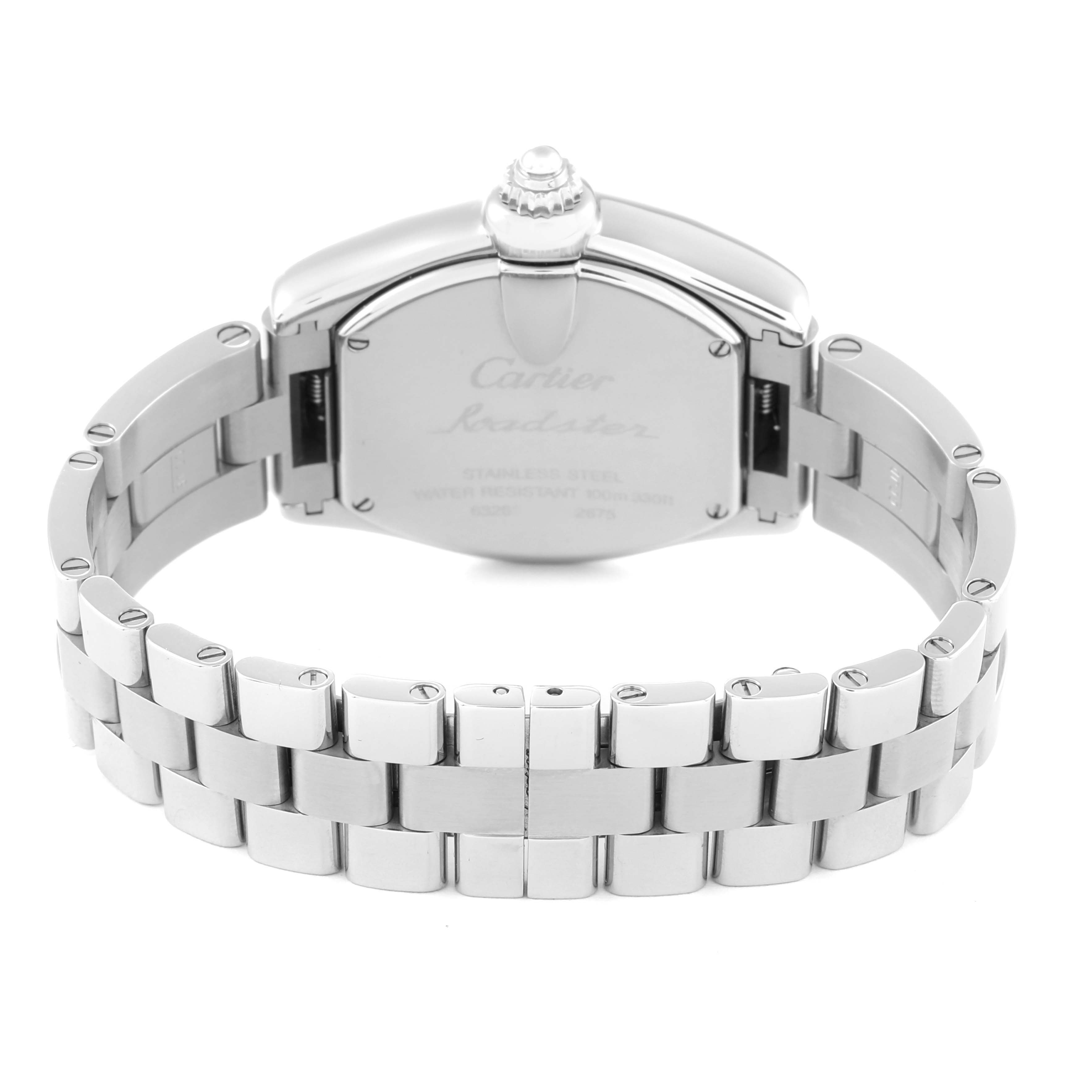 The image shows the back view of the Cartier Roadster W62017V3 Women's Stainless Steel Pink Dial W62017V3 Women's Stainless Steel Pink Dial model, highlighting the case back and metal bracelet.
