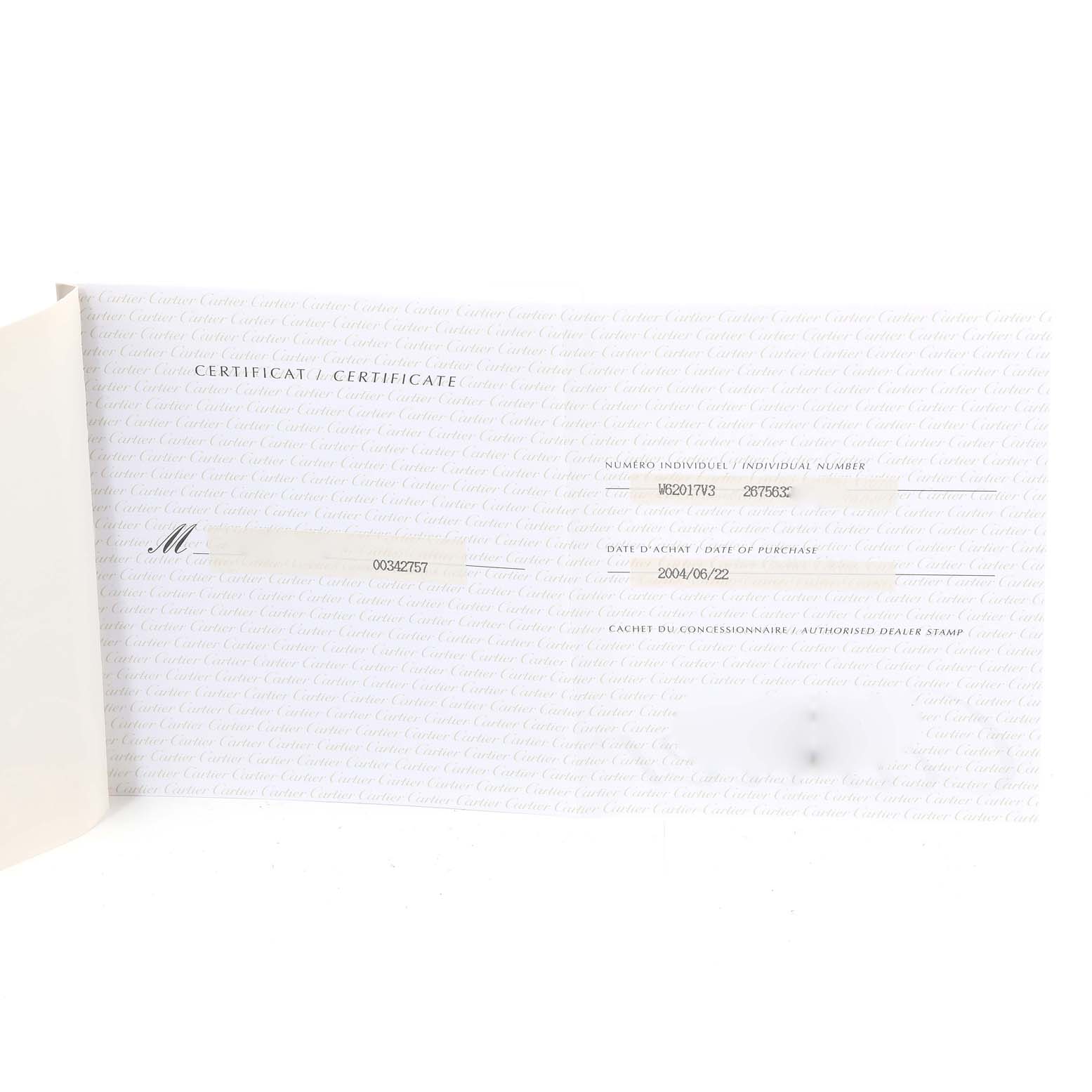 The image shows a certificate for the Cartier Roadster W62017V3 Women's Stainless Steel Pink Dial W62017V3 Women's Stainless Steel Pink Dial model watch from a frontal angle.