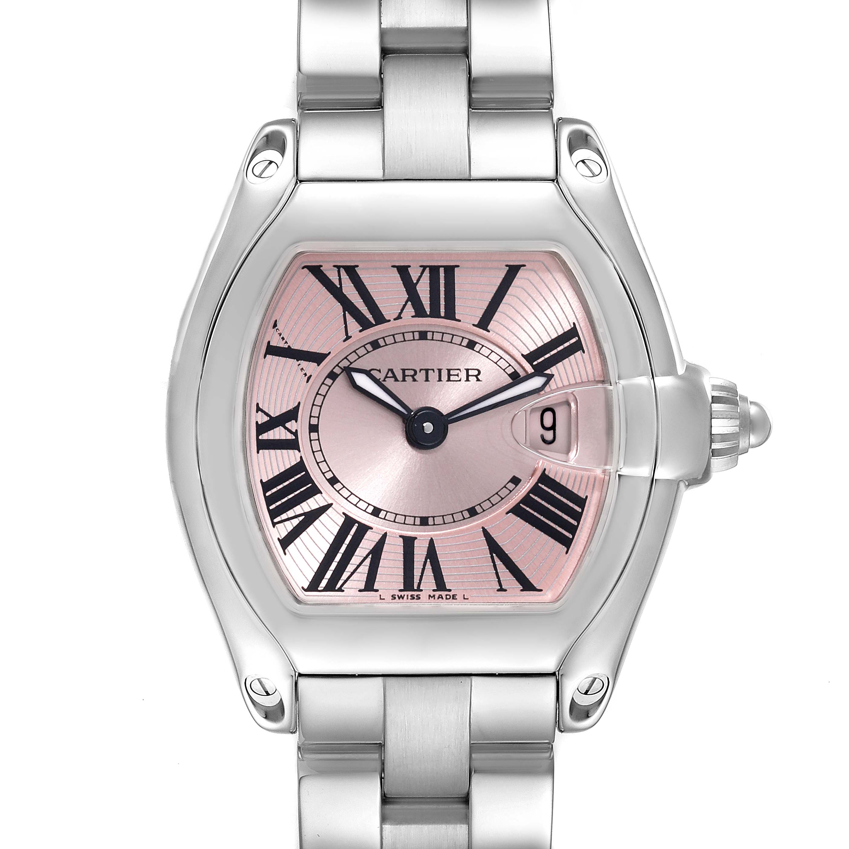 The image shows a front angle view of a Cartier Roadster W62017V3 Women's Stainless Steel Pink Dial W62017V3 Women's Stainless Steel Pink Dial watch, highlighting the dial, bezel, crown, and part of the bracelet.