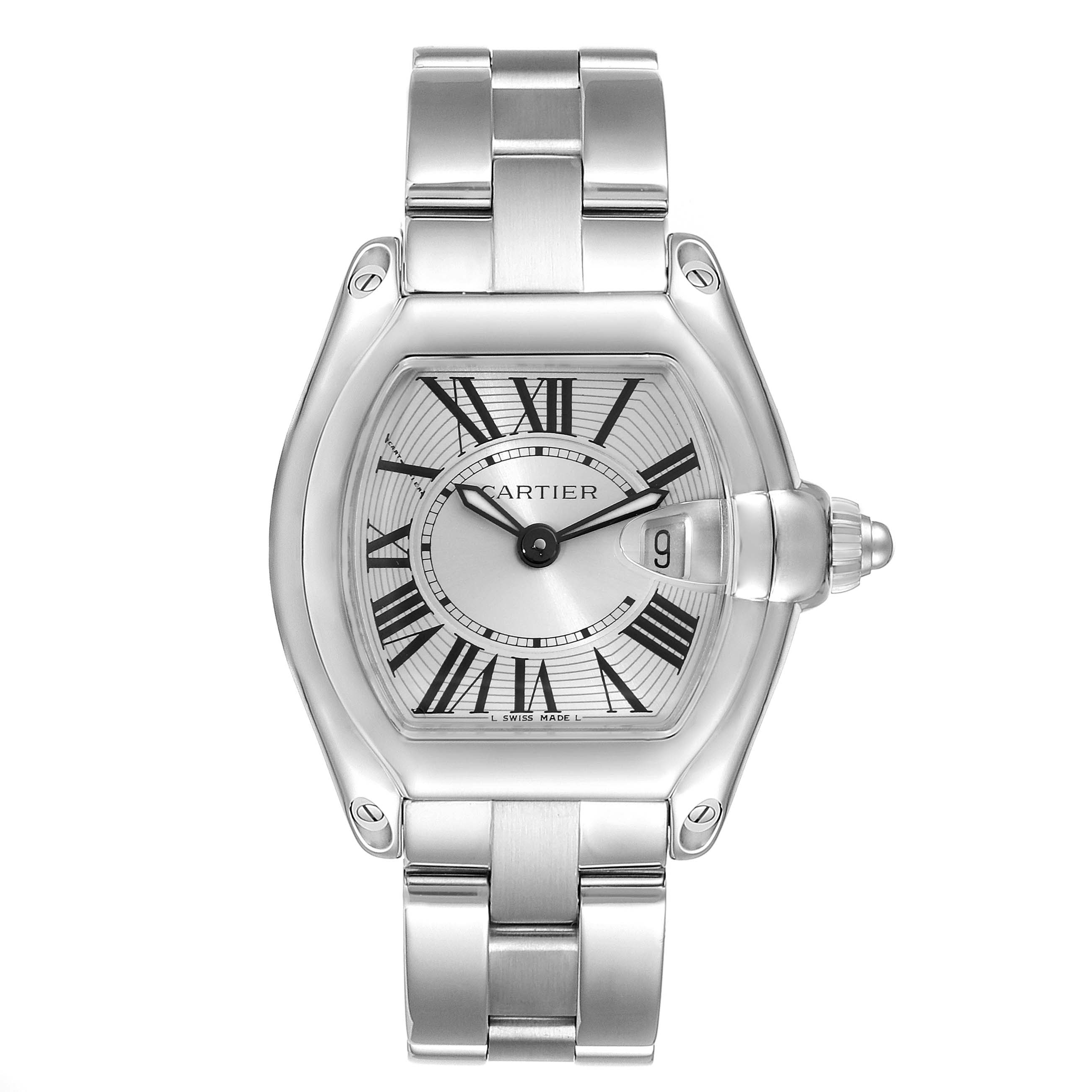 This image shows a head-on view of a Cartier Roadster W62016V3 Women's Stainless Steel Silver Dial W62016V3 Women's Stainless Steel Silver Dial watch, displaying the dial, bezel, and bracelet.