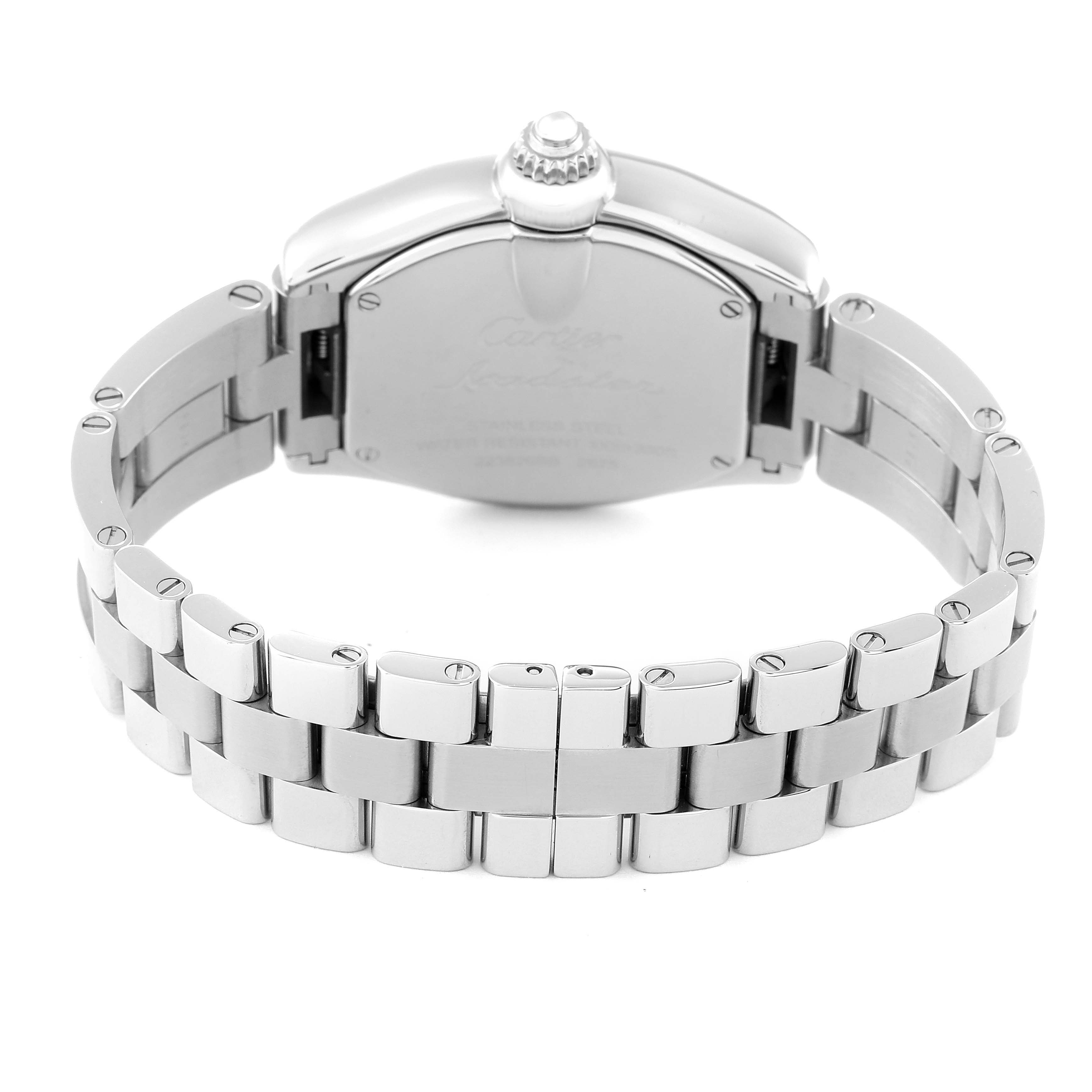 This image shows the back case and bracelet of the Cartier Roadster W62016V3 Women's Stainless Steel Silver Dial W62016V3 Women's Stainless Steel Silver Dial watch from a rear angle.