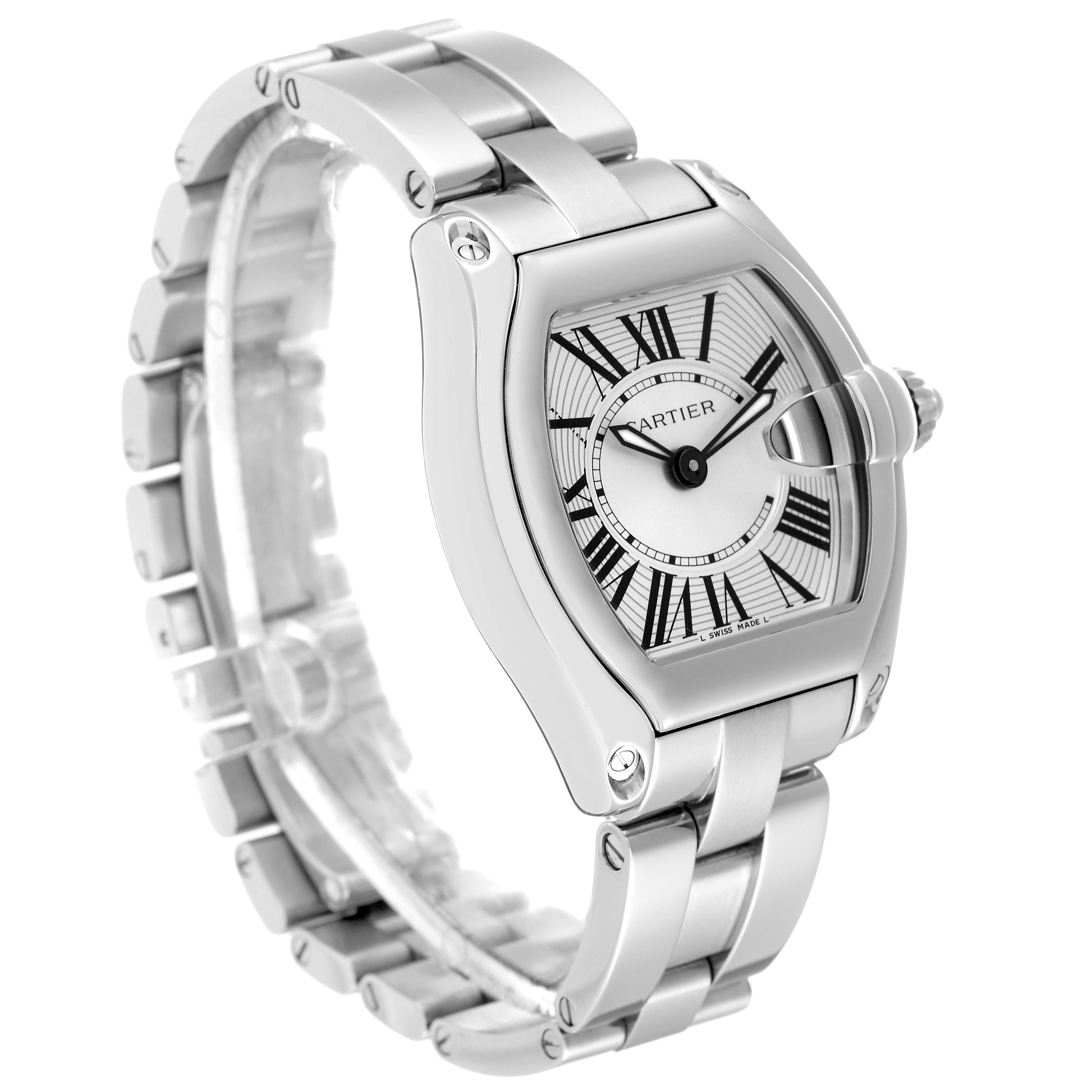 The image shows a side angle of a Cartier Roadster W62016V3 Women's Stainless Steel Silver Dial W62016V3 Women's Stainless Steel Silver Dial watch, highlighting its face and stainless steel bracelet.