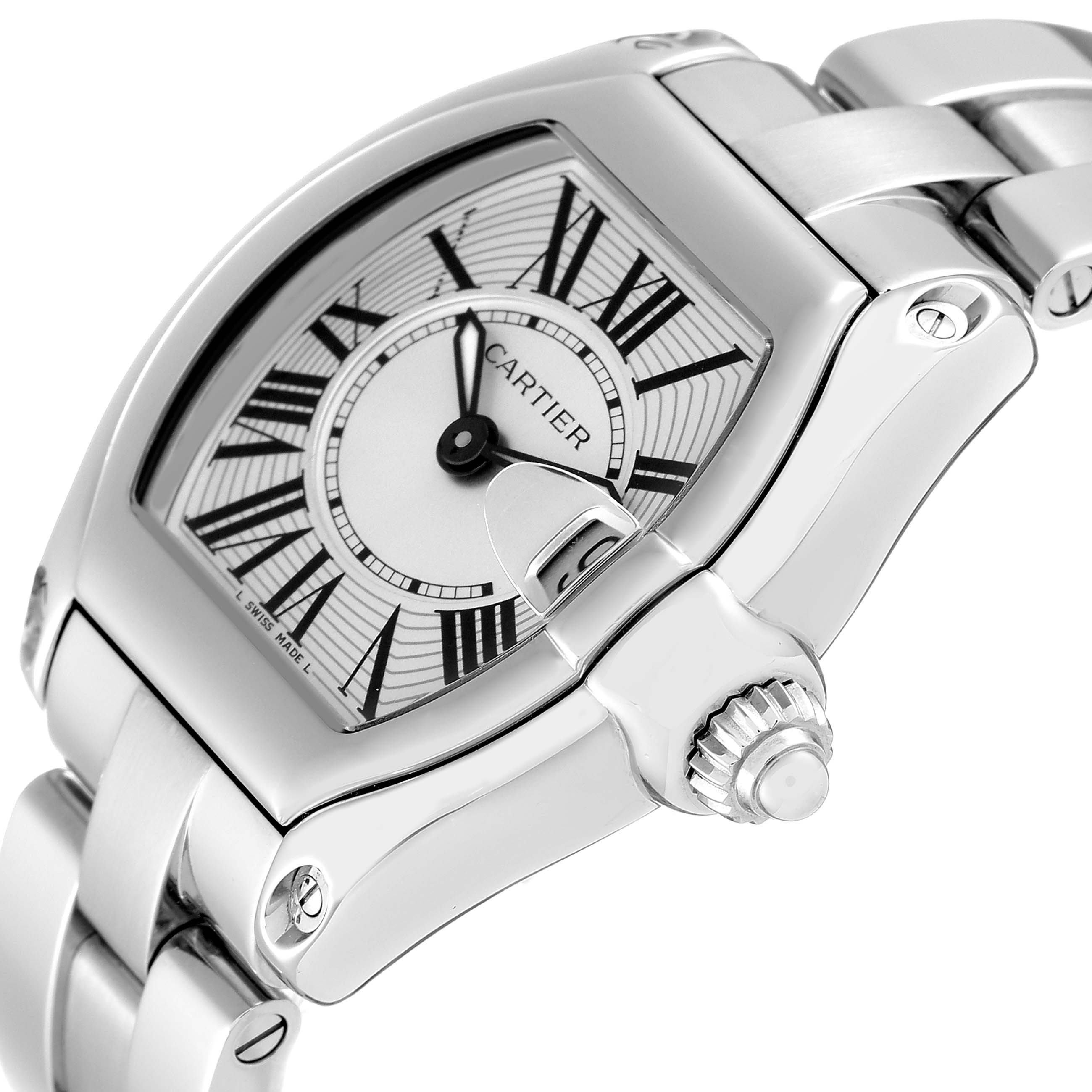 The image shows a close-up angle of the Cartier Roadster W62016V3 Women's Stainless Steel Silver Dial W62016V3 Women's Stainless Steel Silver Dial watch, highlighting the dial, bezel, crown, and the start of the bracelet.