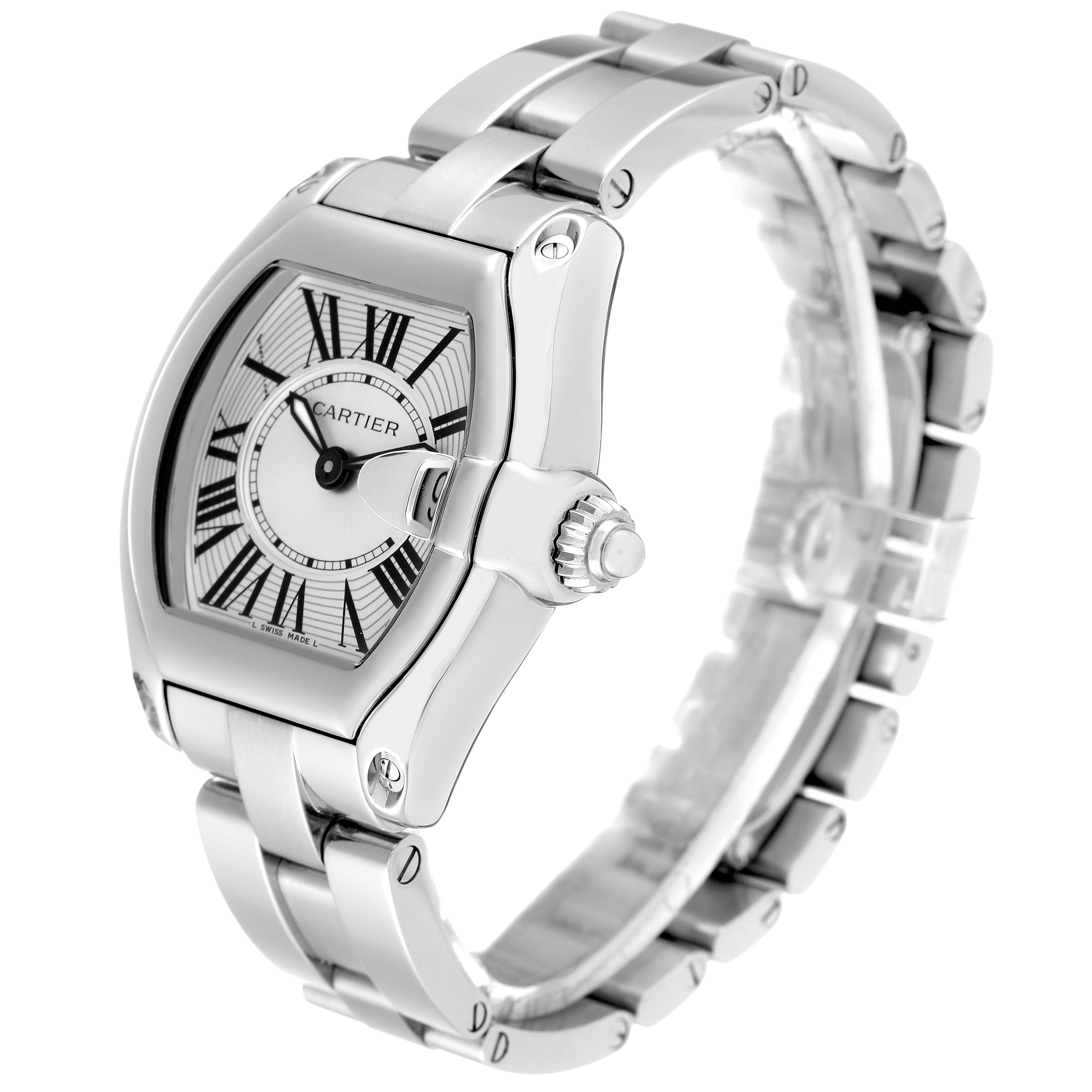 The Cartier Roadster W62016V3 Women's Stainless Steel Silver Dial W62016V3 Women's Stainless Steel Silver Dial watch is shown at an angled side view, displaying its face, case, crown, and part of the metal bracelet.