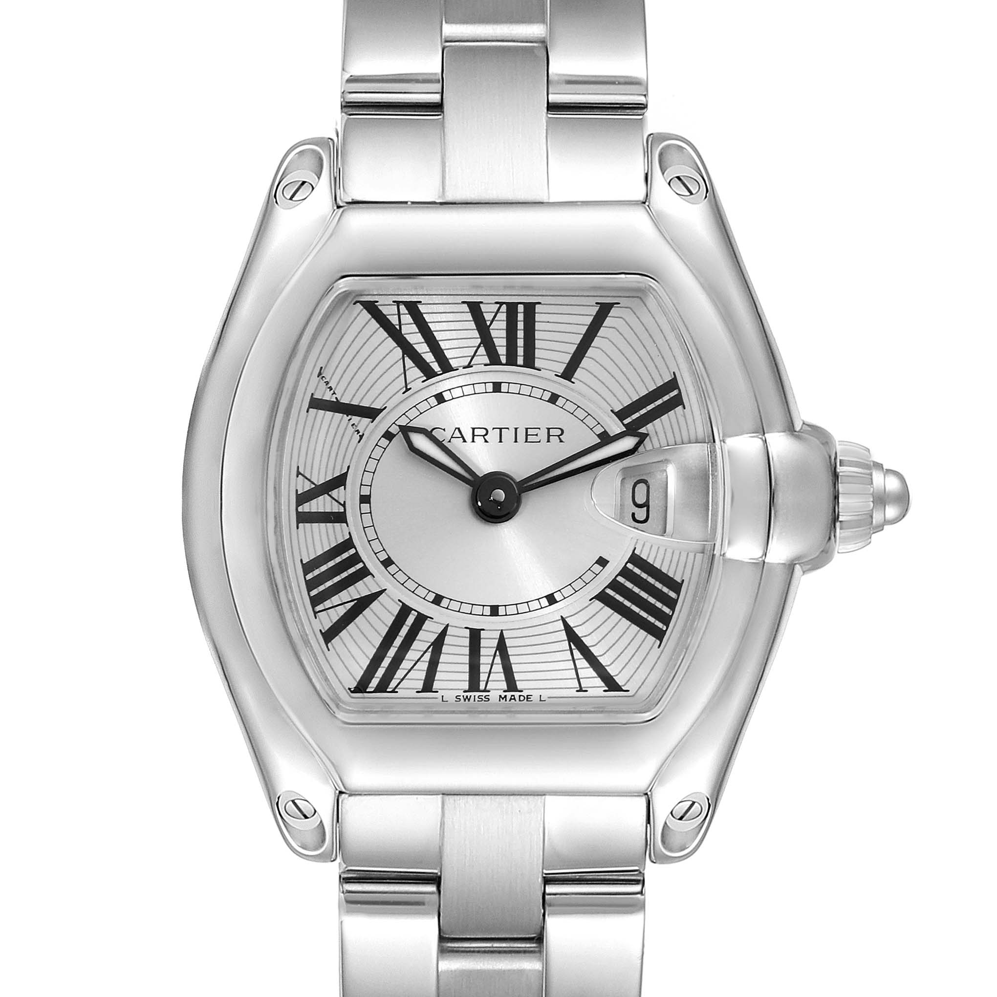 This image shows a front view of the Cartier Roadster W62016V3 Women's Stainless Steel Silver Dial W62016V3 Women's Stainless Steel Silver Dial watch, highlighting its dial, hands, date window, and stainless steel bracelet.