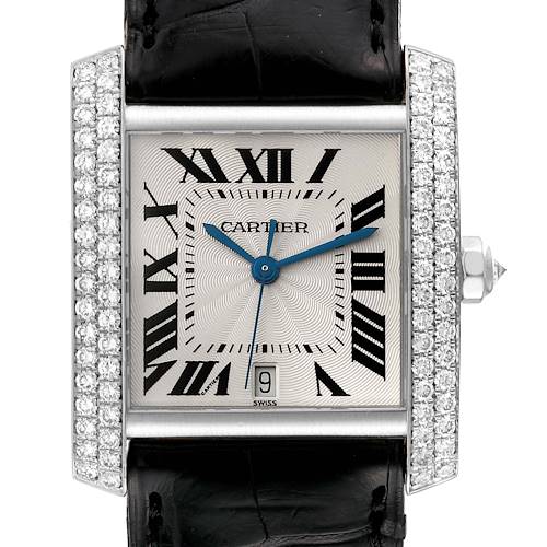 The image shows the Cartier Tank Francaise watch face directly, highlighting the Roman numerals, blue hands, date window, and diamond-encrusted sides.