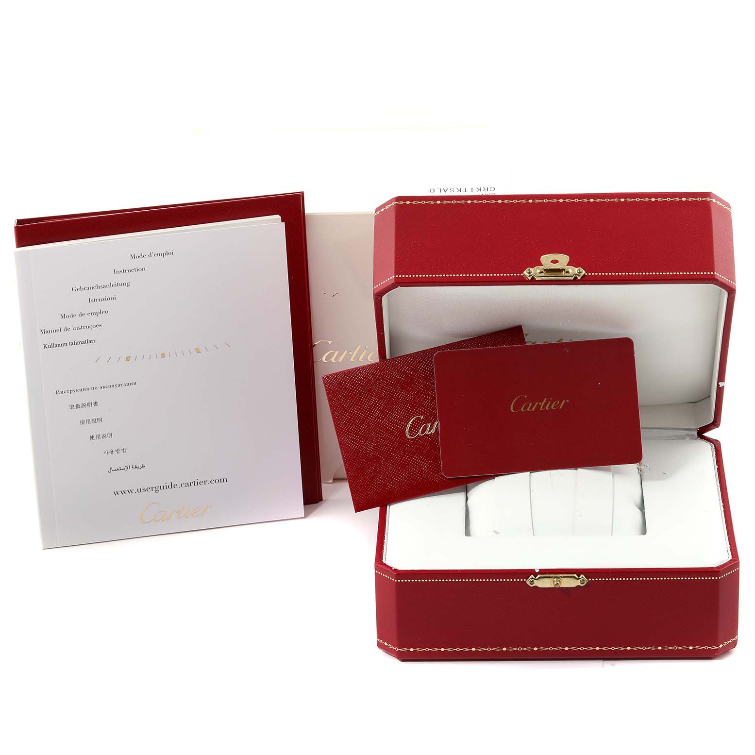 This image shows the packaging and accessories of the Cartier Tank Francaise W51028Q3 Women's Stainless Steel Mother of Pearl Dial W51028Q3 Women's Stainless Steel Mother of Pearl Dial watch, including the box, manual, and documents.