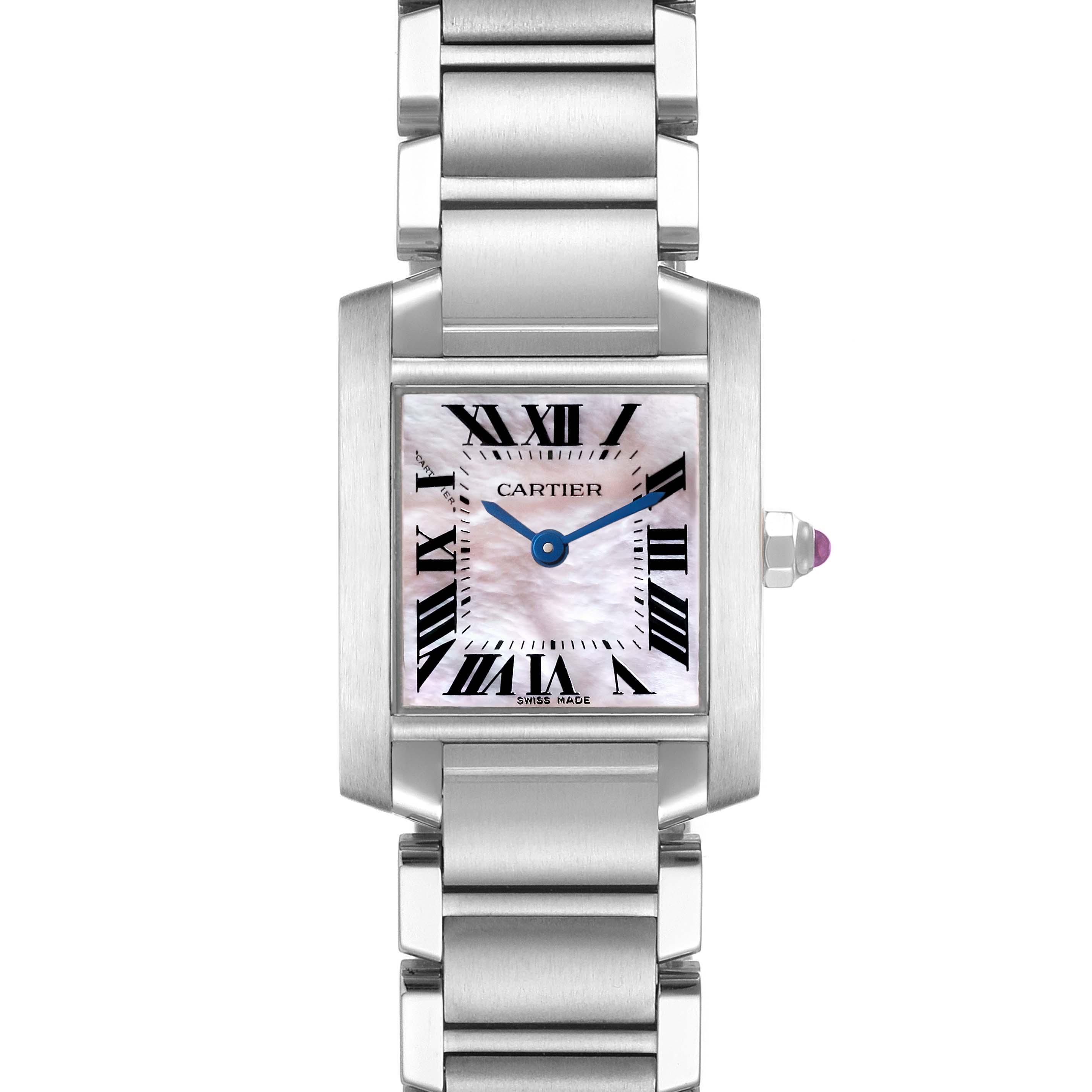 The image shows a front view of the Cartier Tank Française watch, highlighting the dial, hands, Roman numerals, and bracelet.